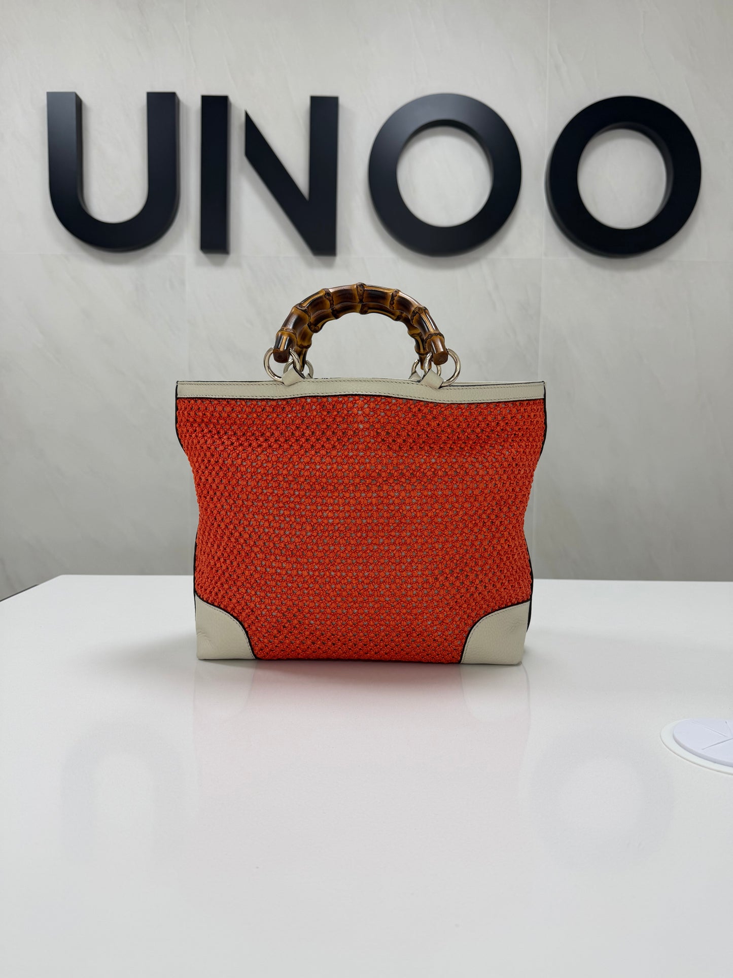 Gucci Bamboo Raffia Tote Bag White/Orange - PRE OWNED