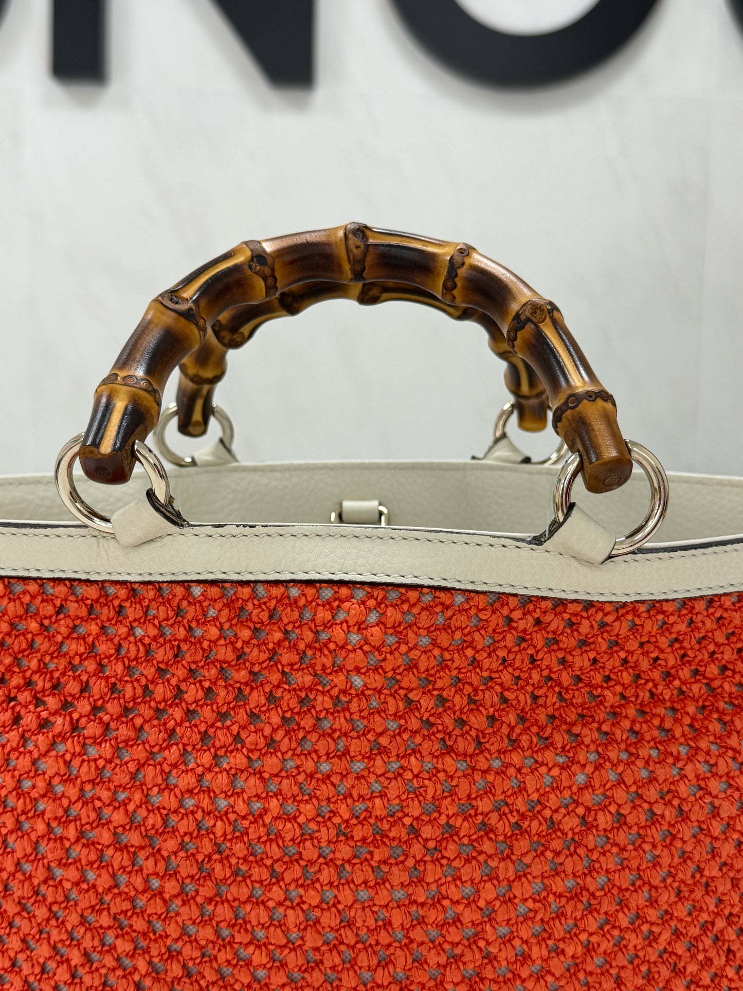 Gucci Bamboo Raffia Tote Bag White/Orange - PRE OWNED