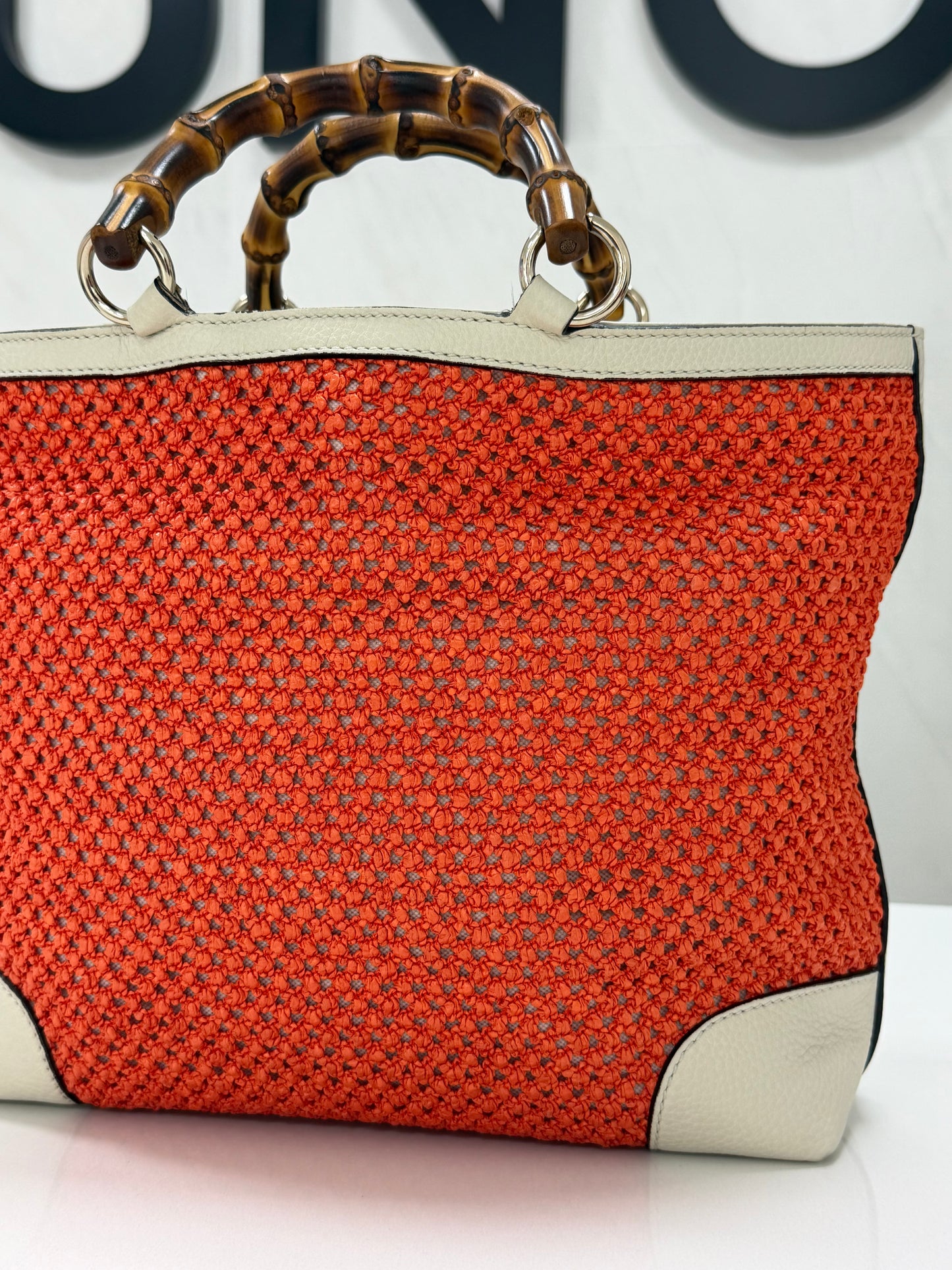 Gucci Bamboo Raffia Tote Bag White/Orange - PRE OWNED