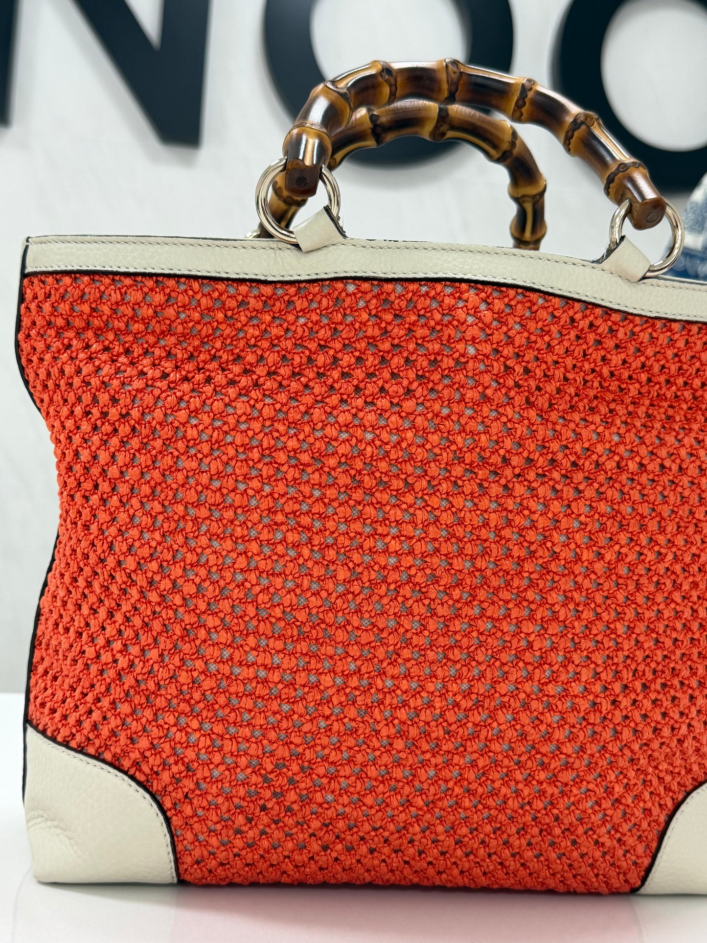 Gucci Bamboo Raffia Tote Bag White/Orange - PRE OWNED