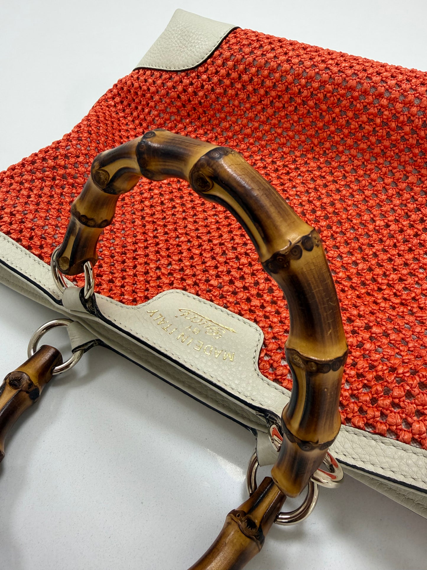 Gucci Bamboo Raffia Tote Bag White/Orange - PRE OWNED