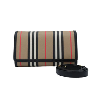 A beige shoulder bag with the classic check pattern featuring black, white, and red stripes, shown with its black leather strap on a light gray background.