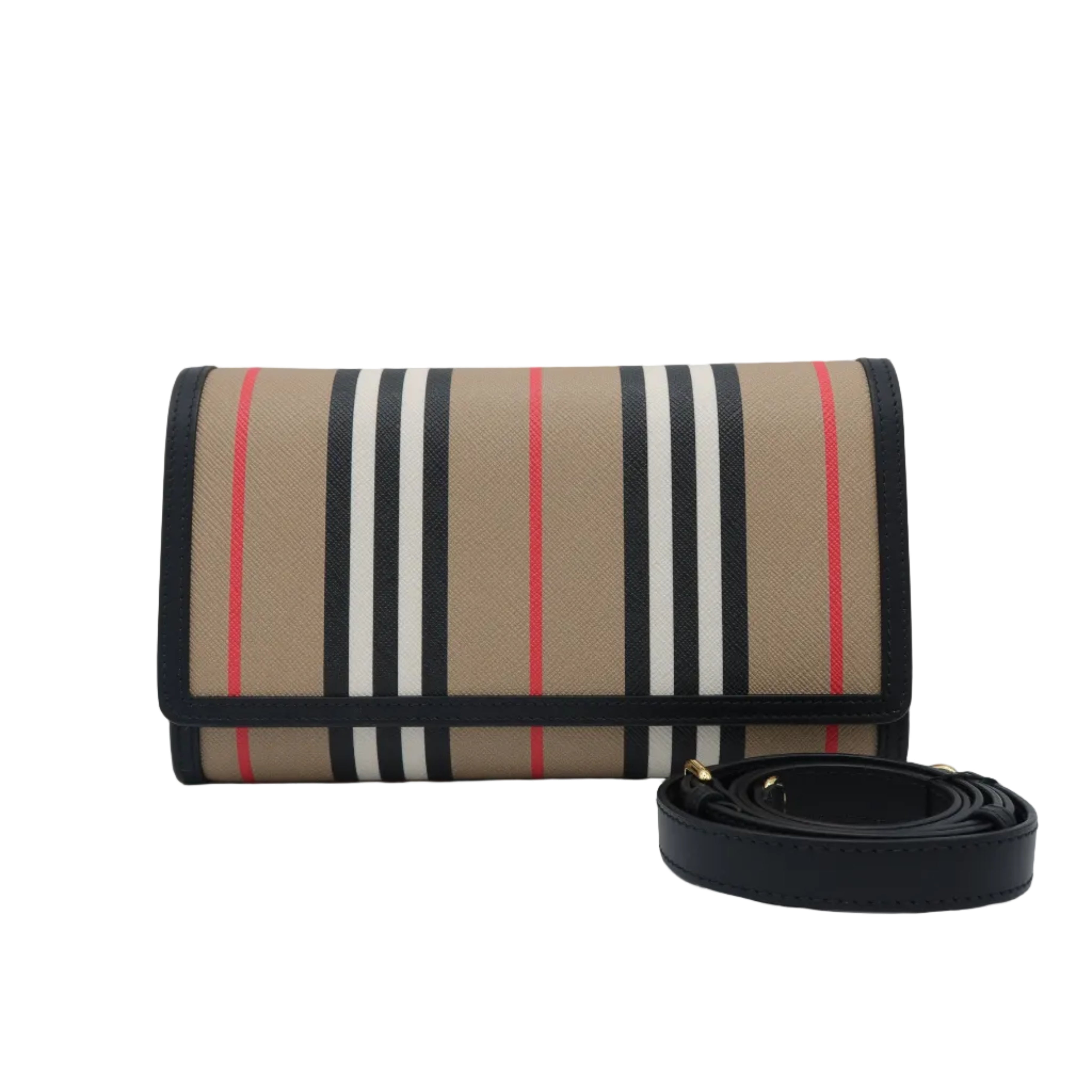 A beige shoulder bag with the classic check pattern featuring black, white, and red stripes, shown with its black leather strap on a light gray background.