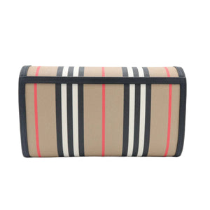 A rectangular clutch bag featuring the classic beige, black, white, and red check pattern with black leather trim, shown against a plain white background.