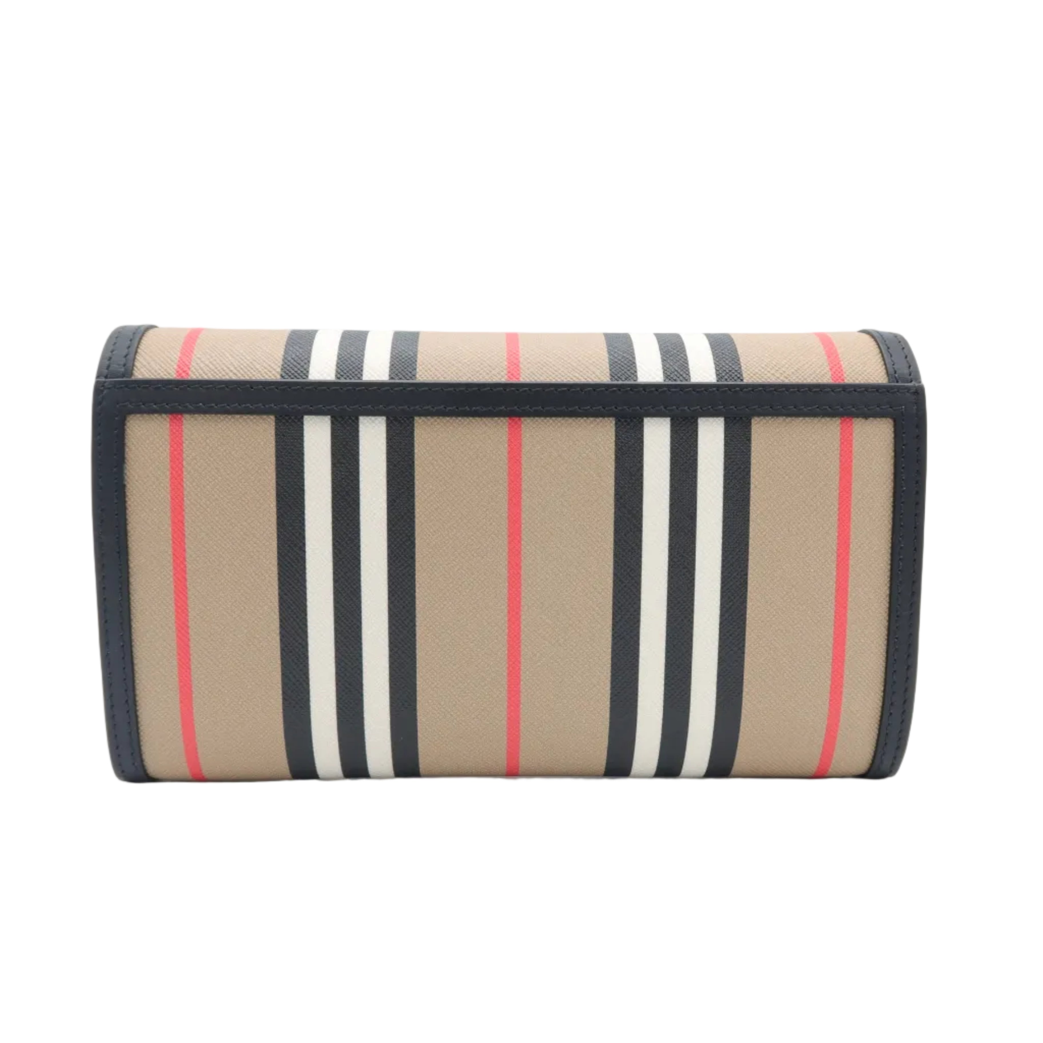 A rectangular clutch bag featuring the classic beige, black, white, and red check pattern with black leather trim, shown against a plain white background.