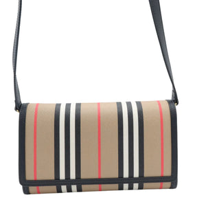 A beige shoulder bag with the classic check pattern featuring black, white, and red stripes, finished with black leather trim and a matching black shoulder strap, shown against a plain white background.