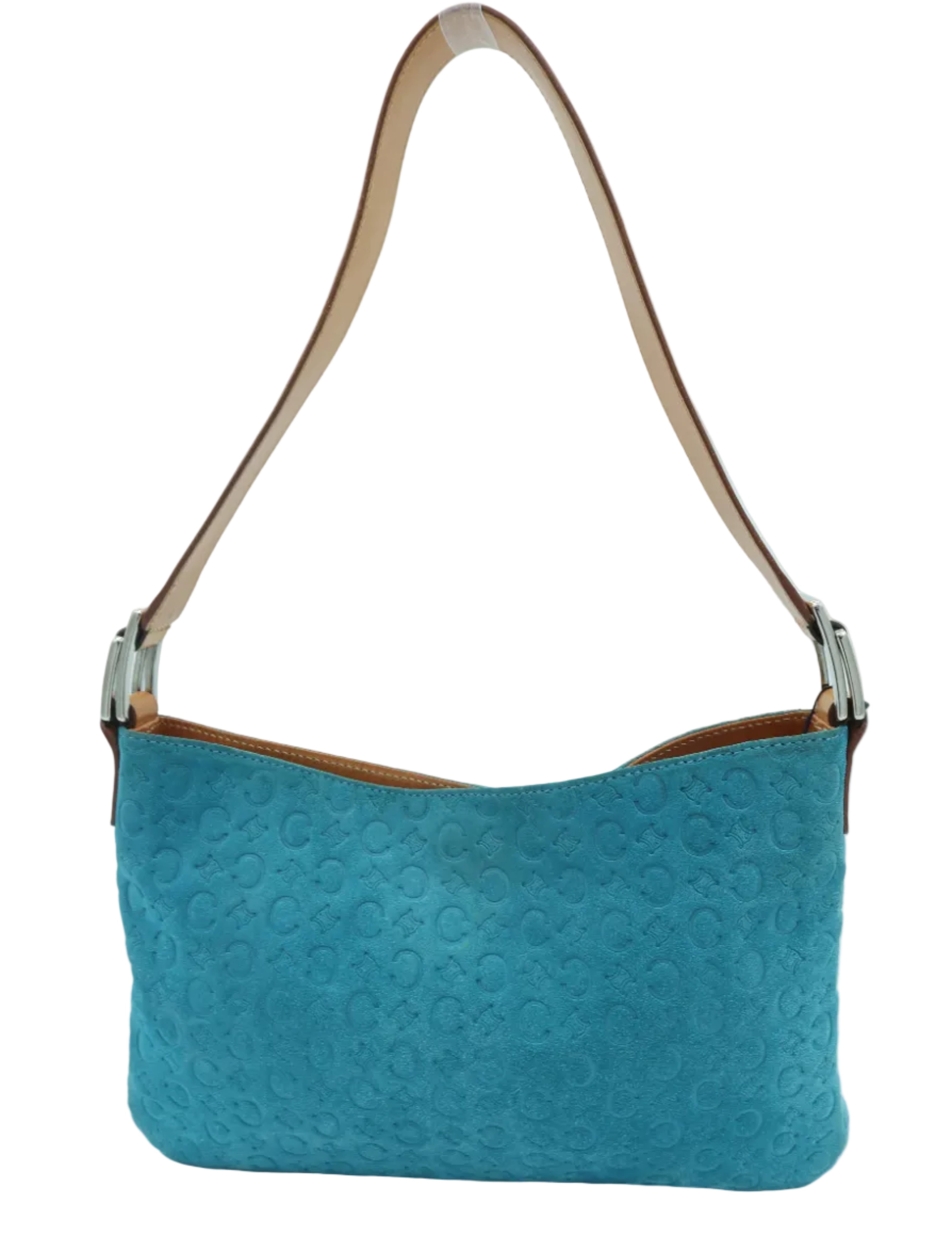 A turquoise blue shoulder bag with an embossed pattern, featuring a tan leather strap and silver-tone hardware, set against a light blue background.