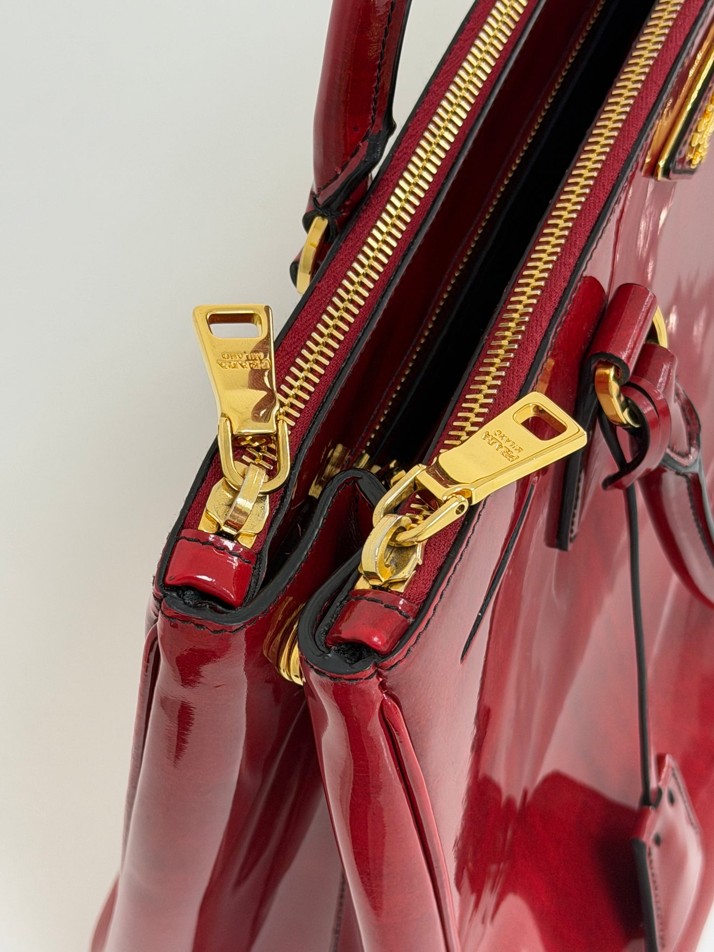 Prada Red Patent Spazzolato Leather Double Zip Tote - PRE OWNED