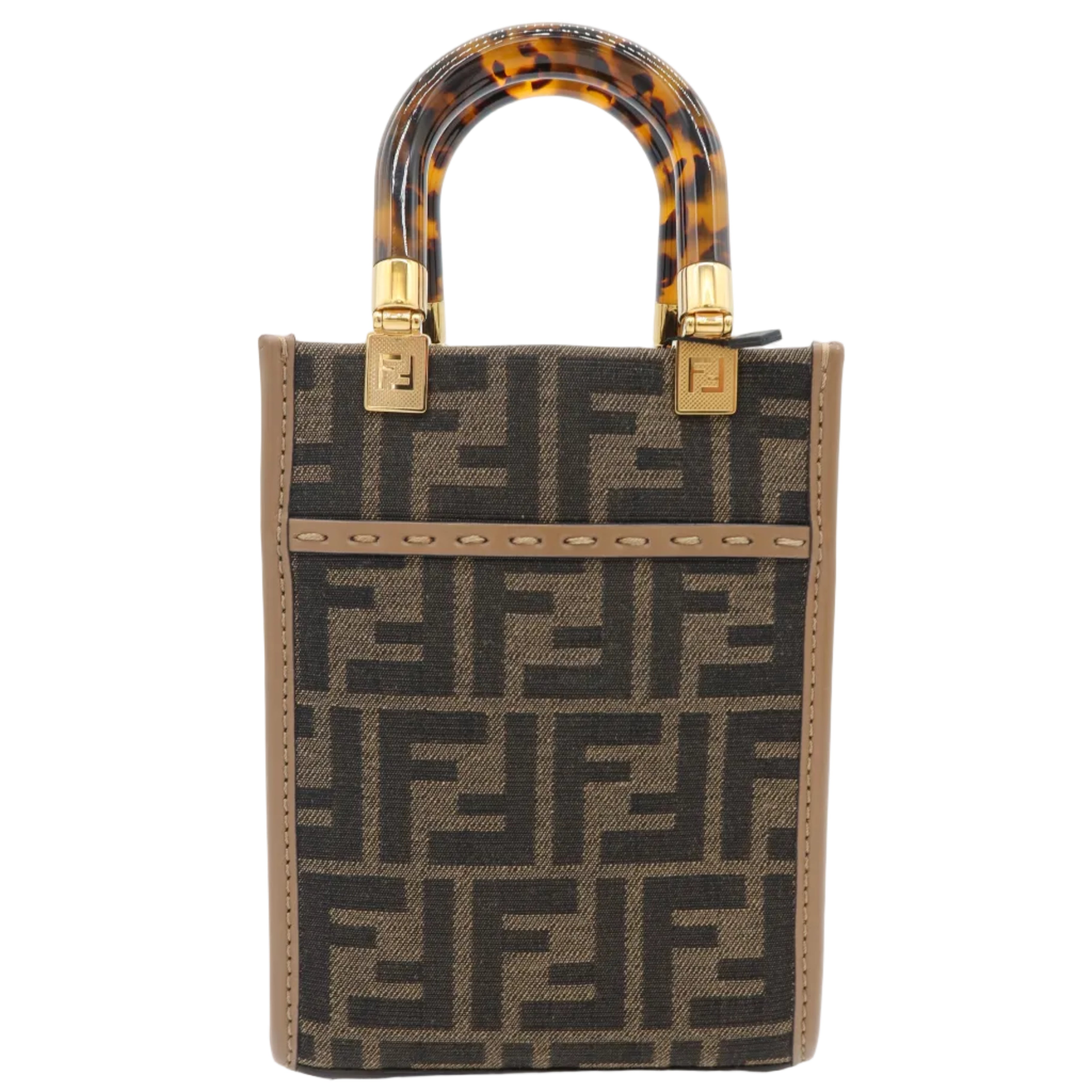 A Fendi mini tote bag in brown and black Zucca monogram canvas, featuring a curved tortoiseshell top handle with gold-tone hardware.