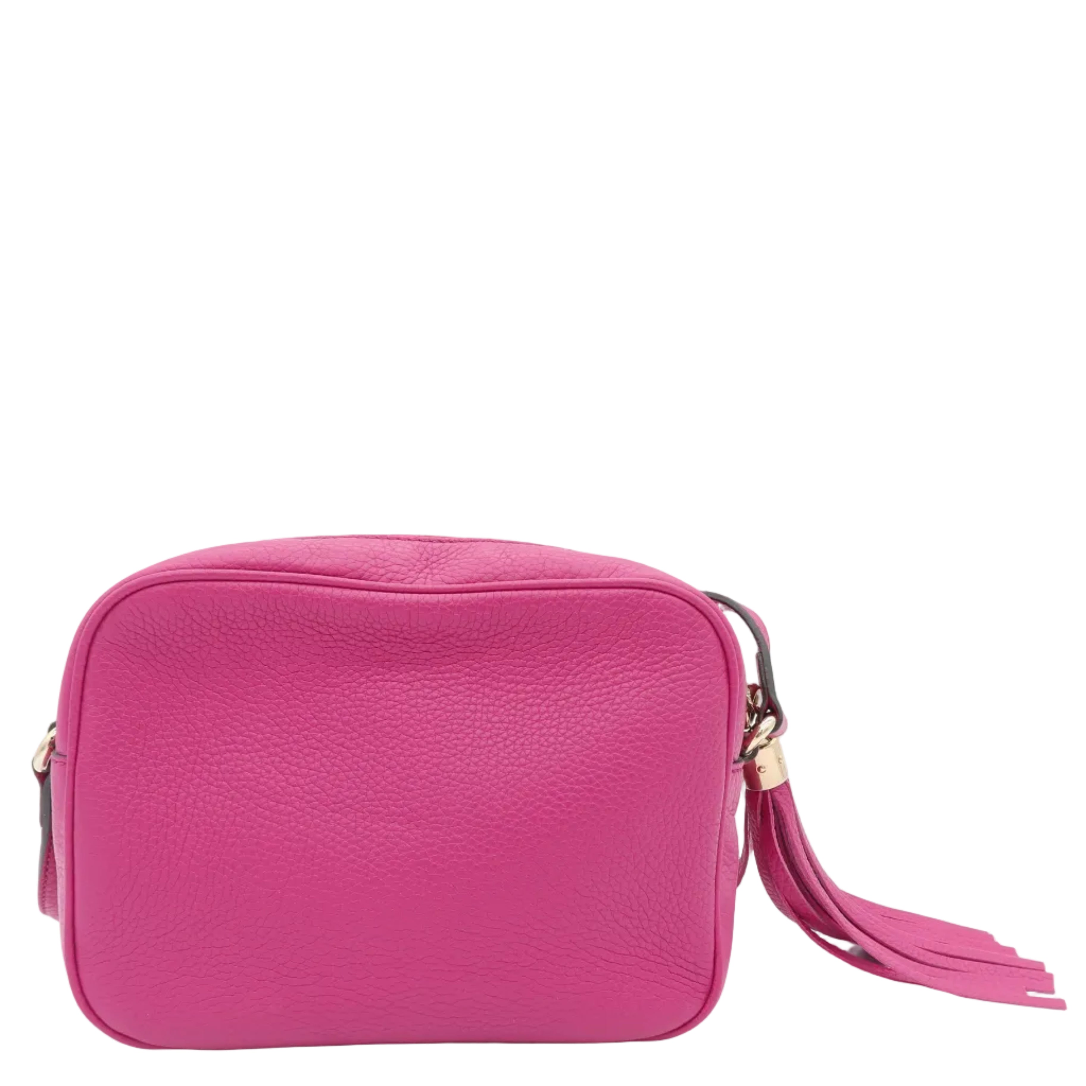 A bright pink textured leather crossbody bag with a matching leather tassel strap and gold-tone hardware, shown against a plain white background.