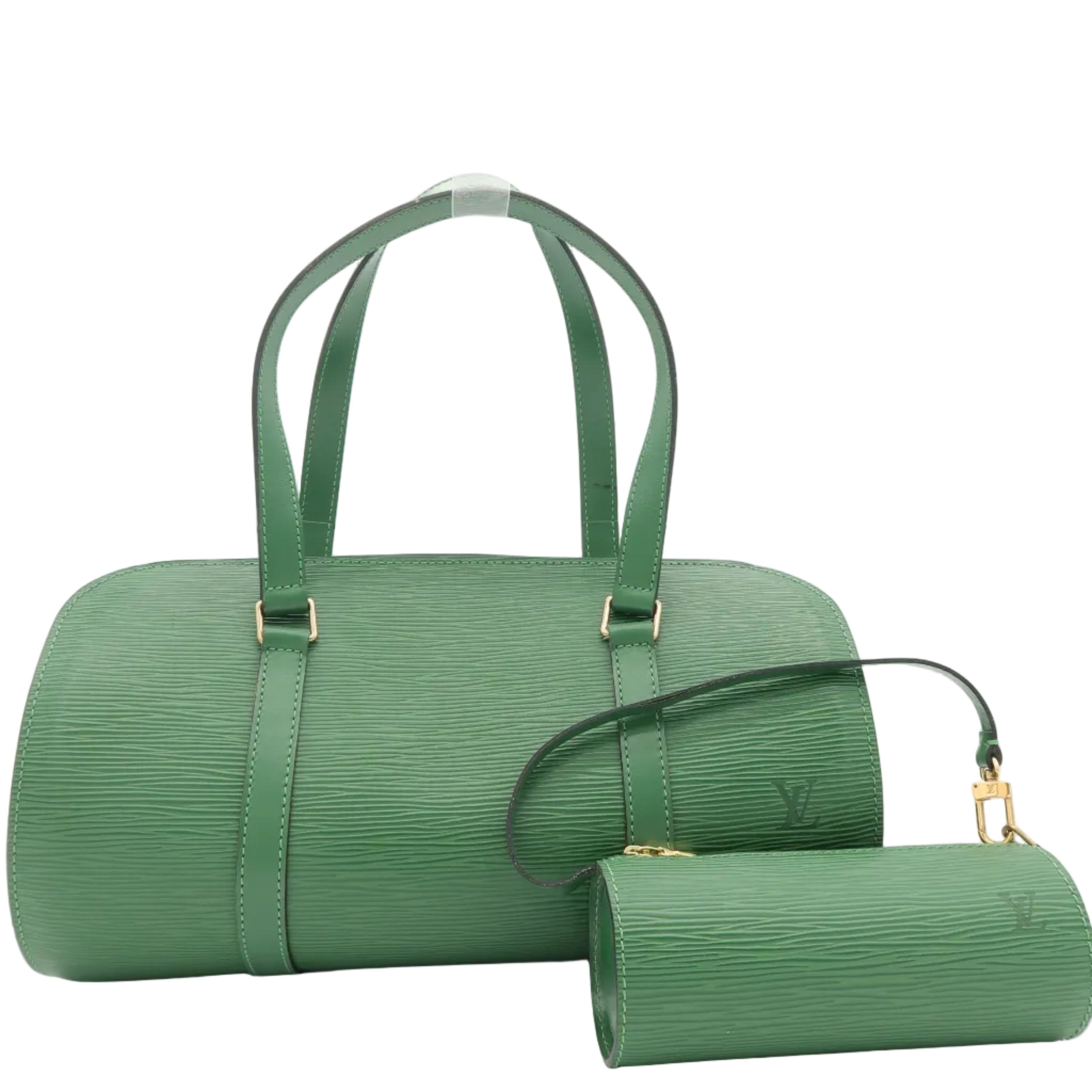 A green textured leather duffel bag with matching shoulder straps and a small matching zip pouch with a wrist strap, displayed on a clean white background.