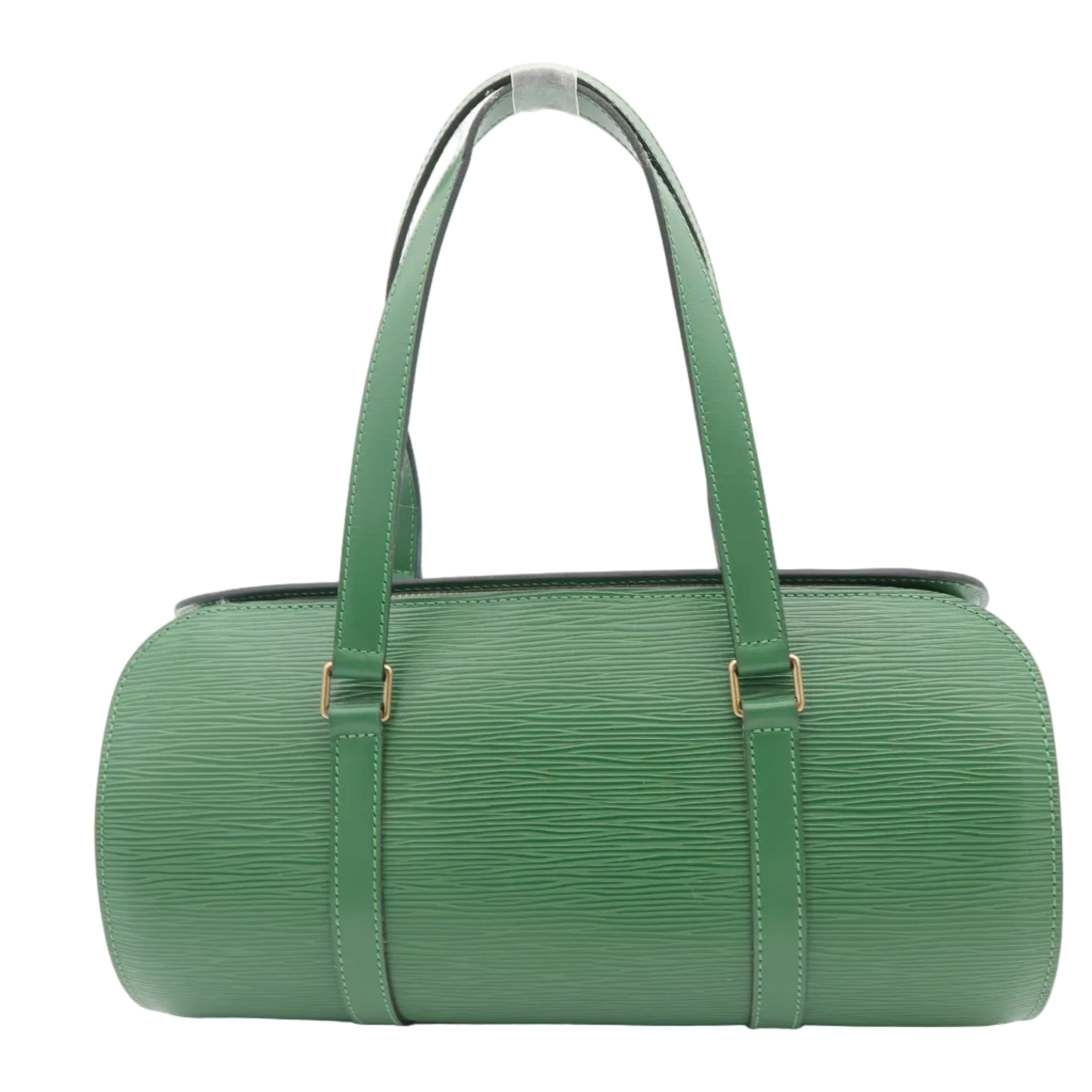 A green textured leather cylindrical handbag with dual top handles and gold-tone hardware, photographed against a clean white background.