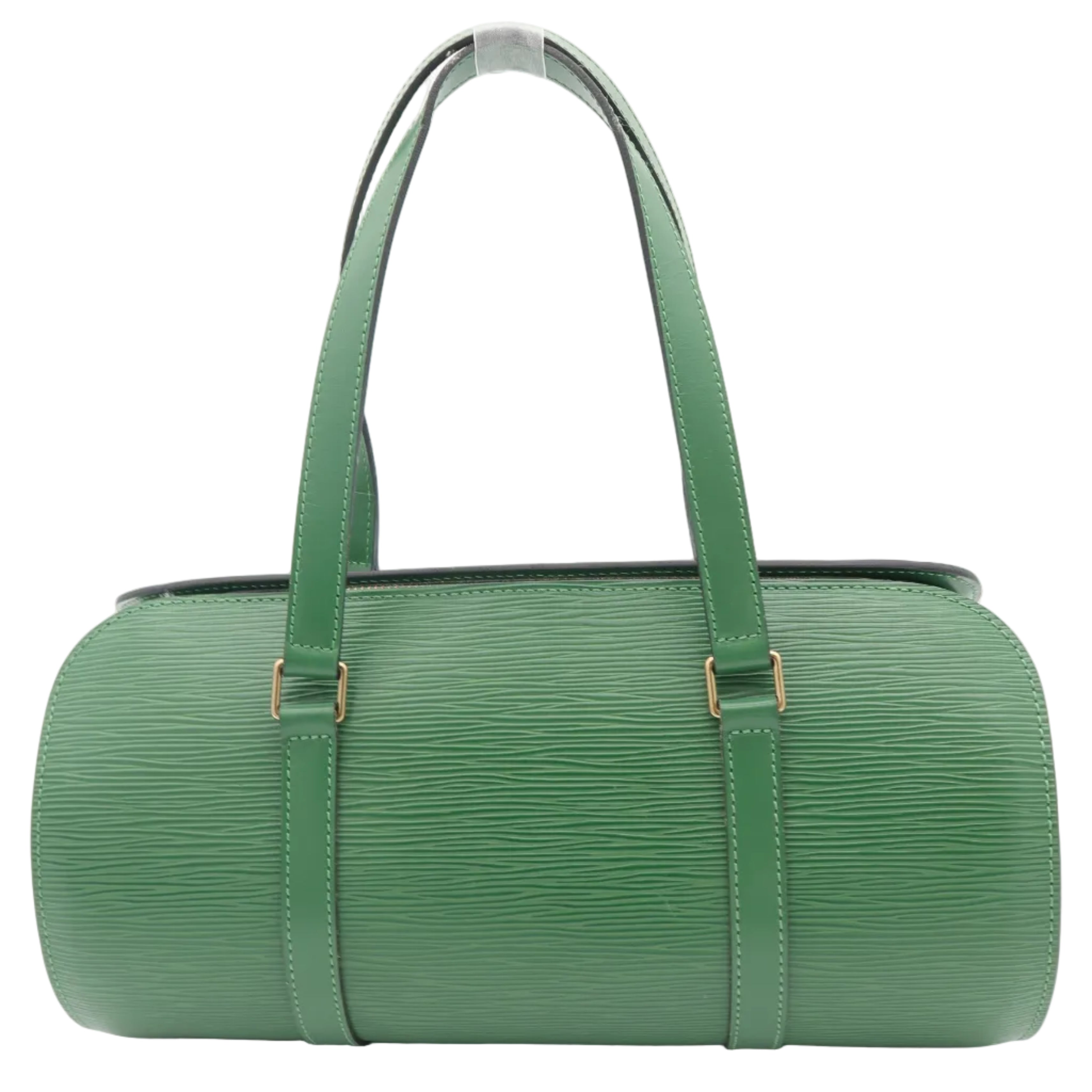 A green textured leather cylindrical handbag with dual top handles and gold-tone hardware, photographed against a clean white background.