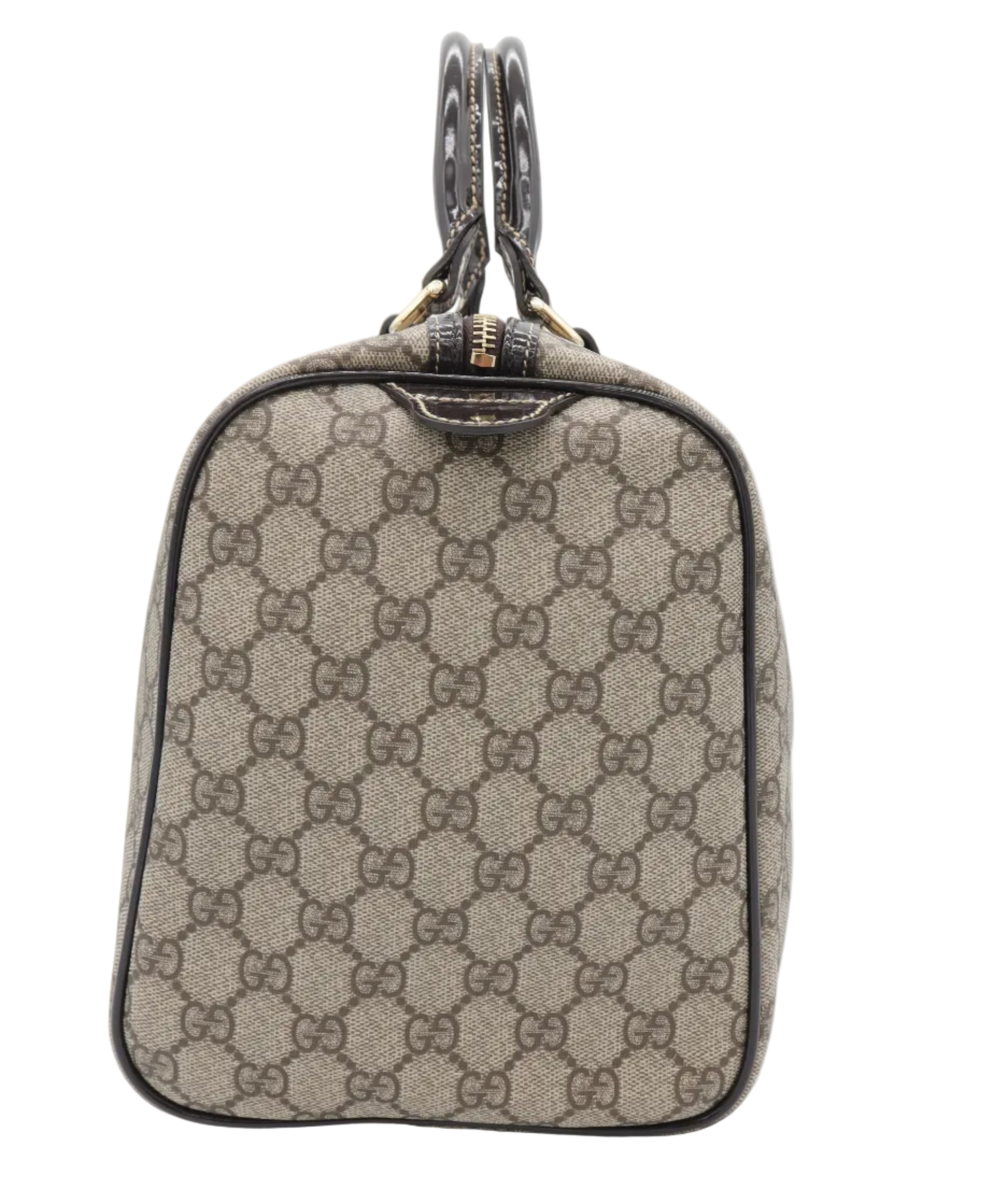 A vintage Gucci handbag in beige and brown GG Supreme canvas with black leather trim and handles, photographed against a white background.