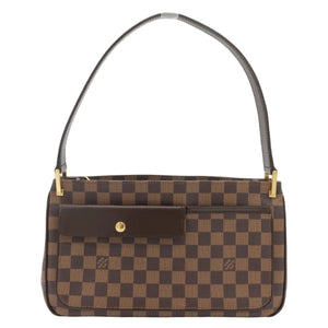 A Louis Vuitton shoulder bag in the Damier Ebene checkered canvas, featuring a dark brown leather strap and a front flap pocket with a gold-tone snap button, set against a plain white background.