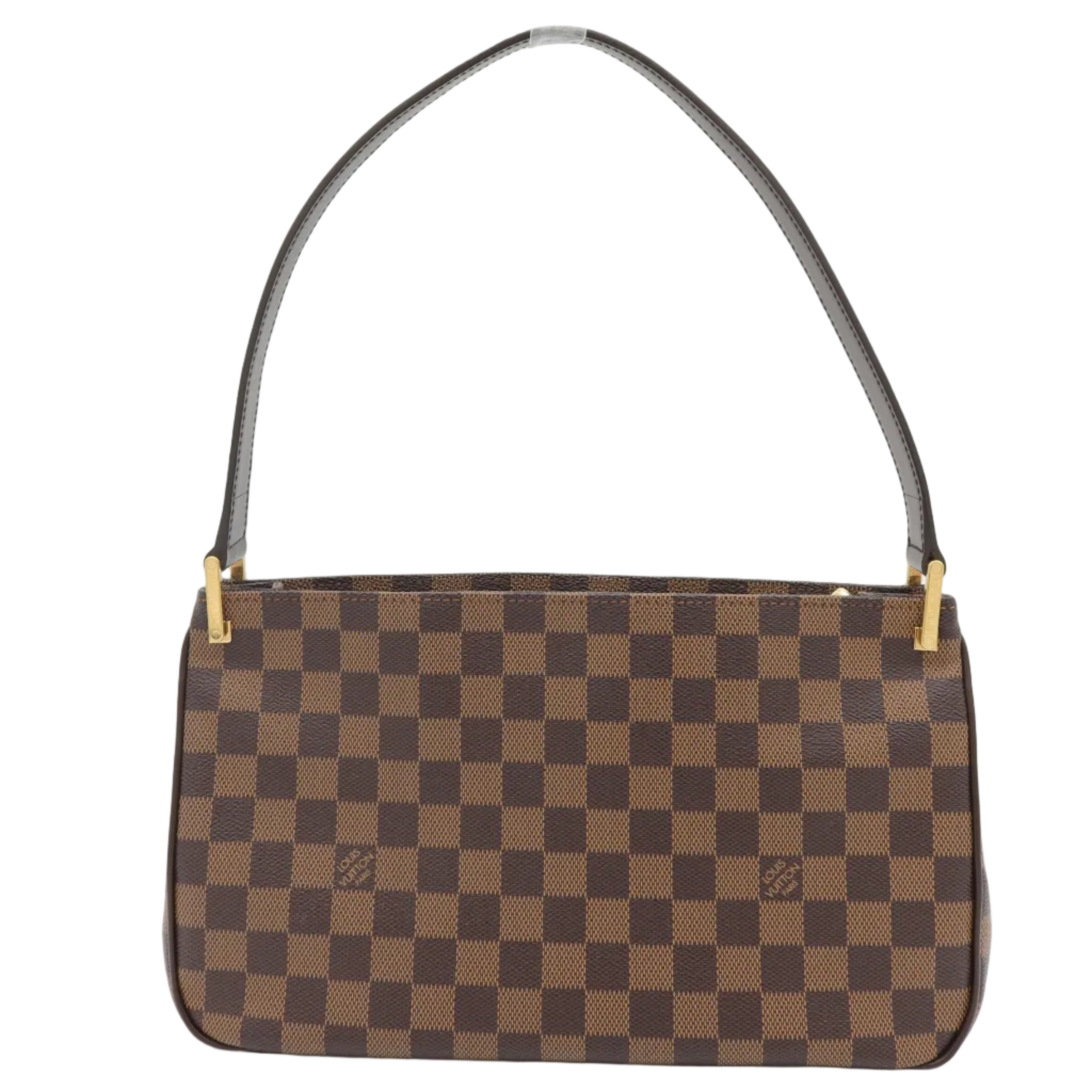 A brown and dark brown checkerboard handbag with a dark brown shoulder strap and gold-tone hardware, shown against a plain white background.