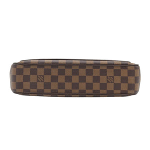 A Louis Vuitton zippered pouch in the classic Damier Ebene checkered canvas, featuring alternating brown and tan squares with small LV monogram details, shown against a plain white background.