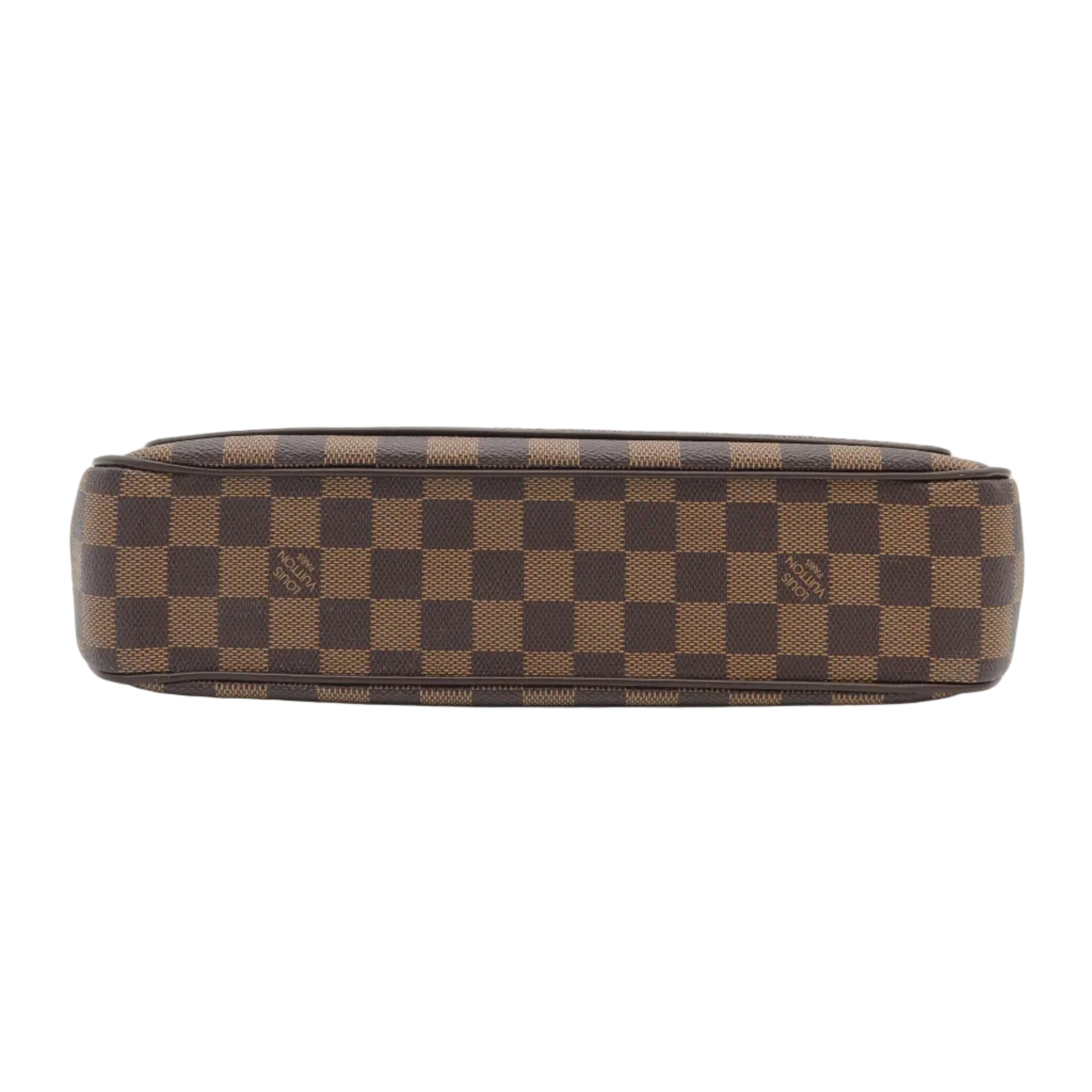 A Louis Vuitton zippered pouch in the classic Damier Ebene checkered canvas, featuring alternating brown and tan squares with small LV monogram details, shown against a plain white background.