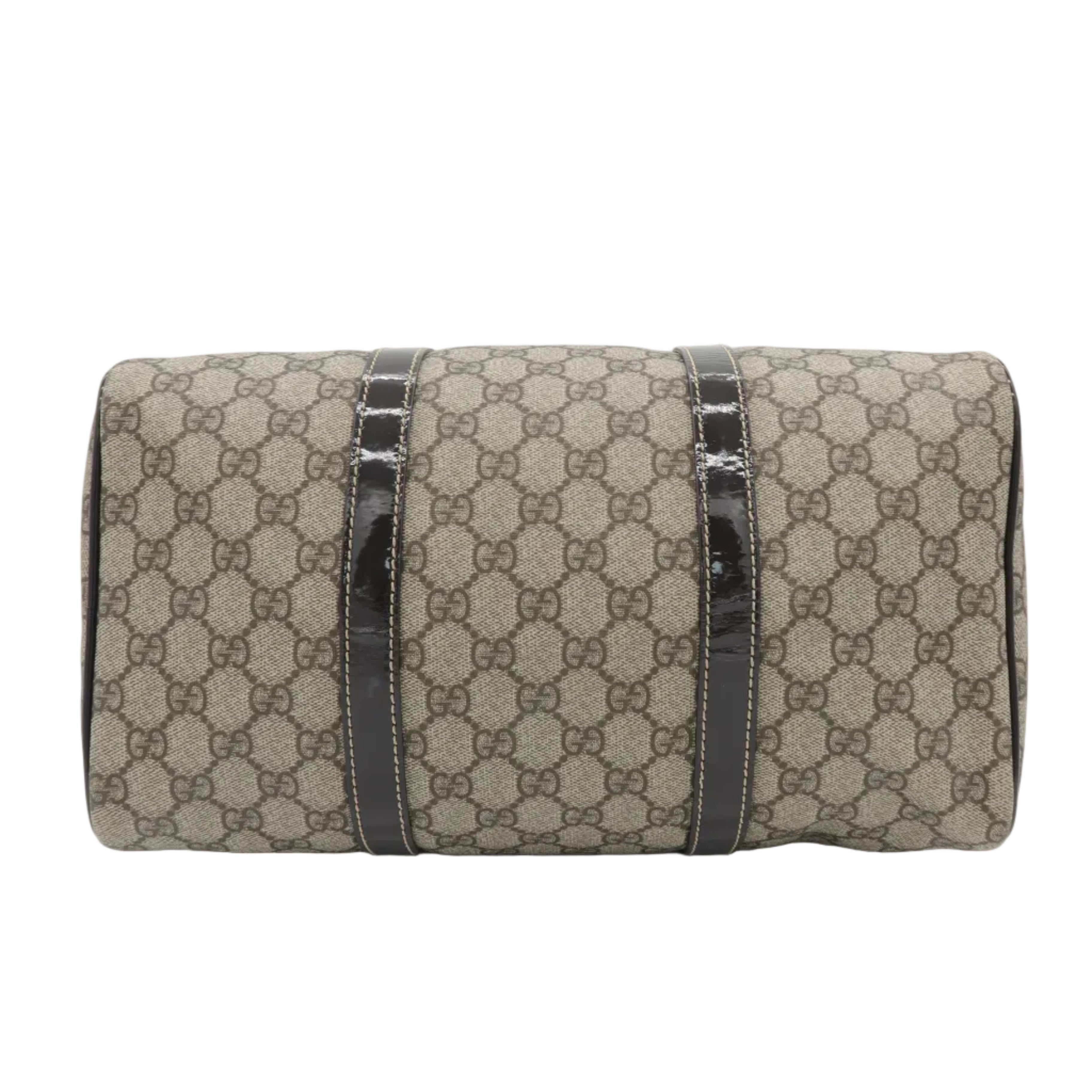 A vintage Gucci monogram canvas shoulder bag with dark brown patent leather trim, shown against a plain white background.
