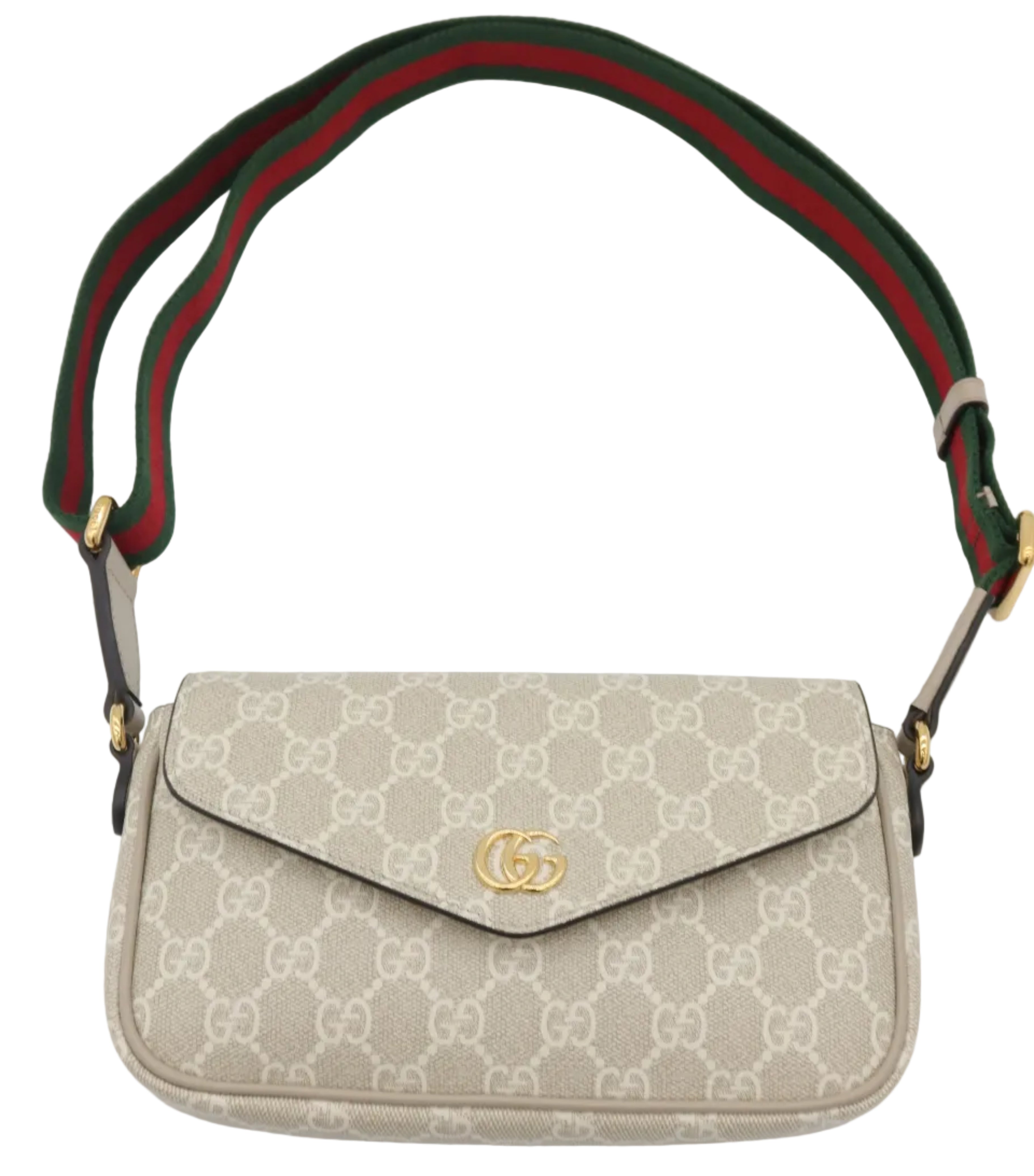 A beige Gucci shoulder bag with the classic GG monogram pattern, featuring a green and red web stripe strap and a gold-tone interlocking G logo on the front flap.