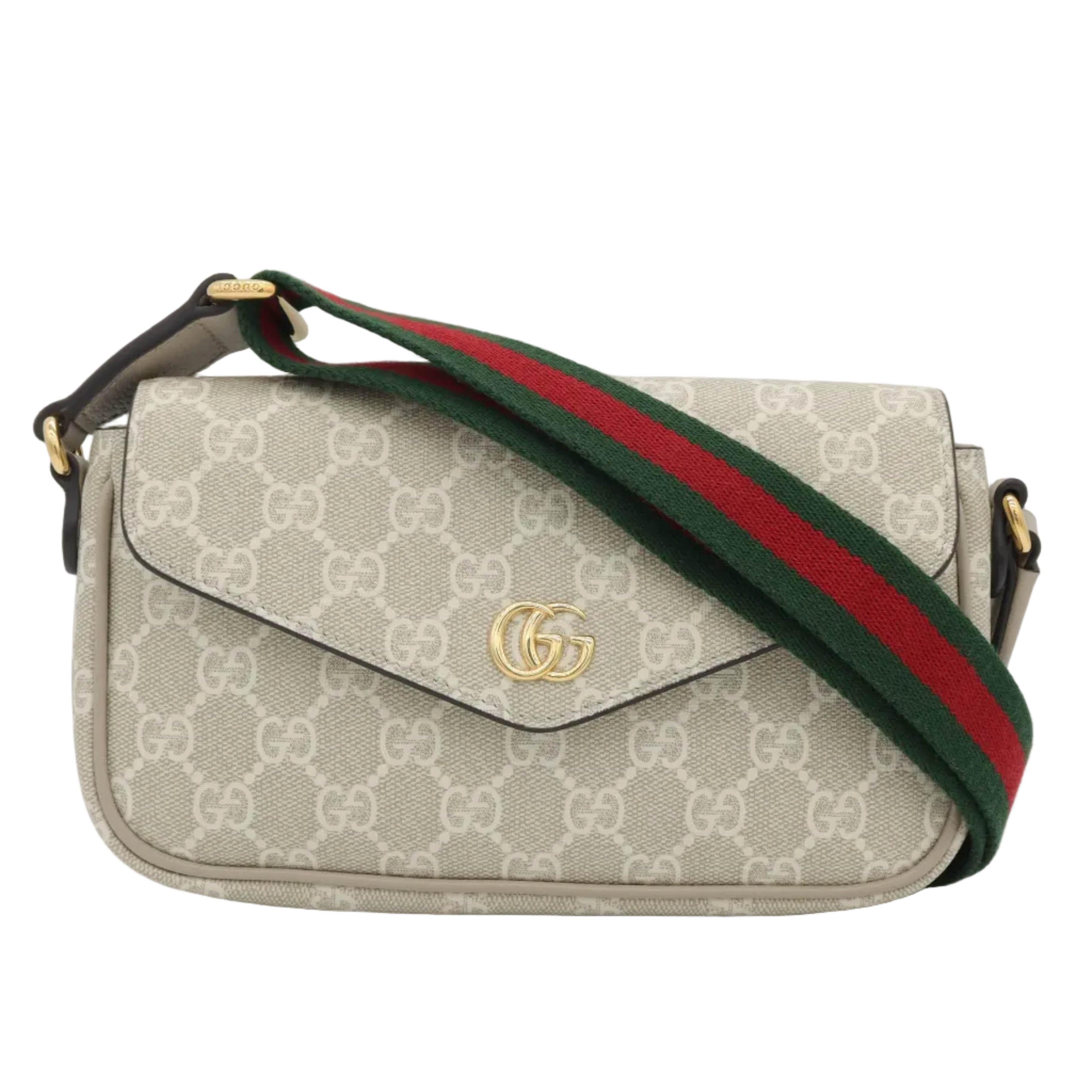 Gucci shoulder bag in beige GG Supreme canvas with a green and red web stripe and a gold-tone interlocking G logo on the front flap.