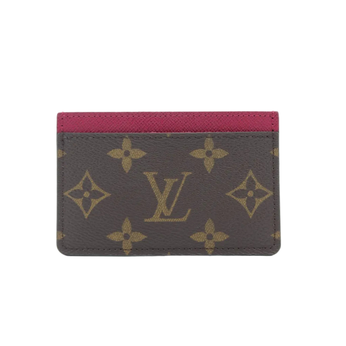 A Louis Vuitton monogram card holder with a dark brown coated canvas body, gold-tone LV logo and floral motifs, and a contrasting dark red leather top border, shown on a clean white background.