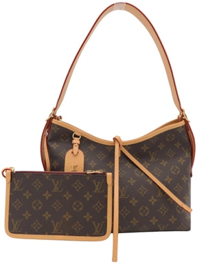 Louis Vuitton monogram shoulder bag in brown coated canvas with tan leather trim and strap, shown with a matching zip pouch on a white studio background.