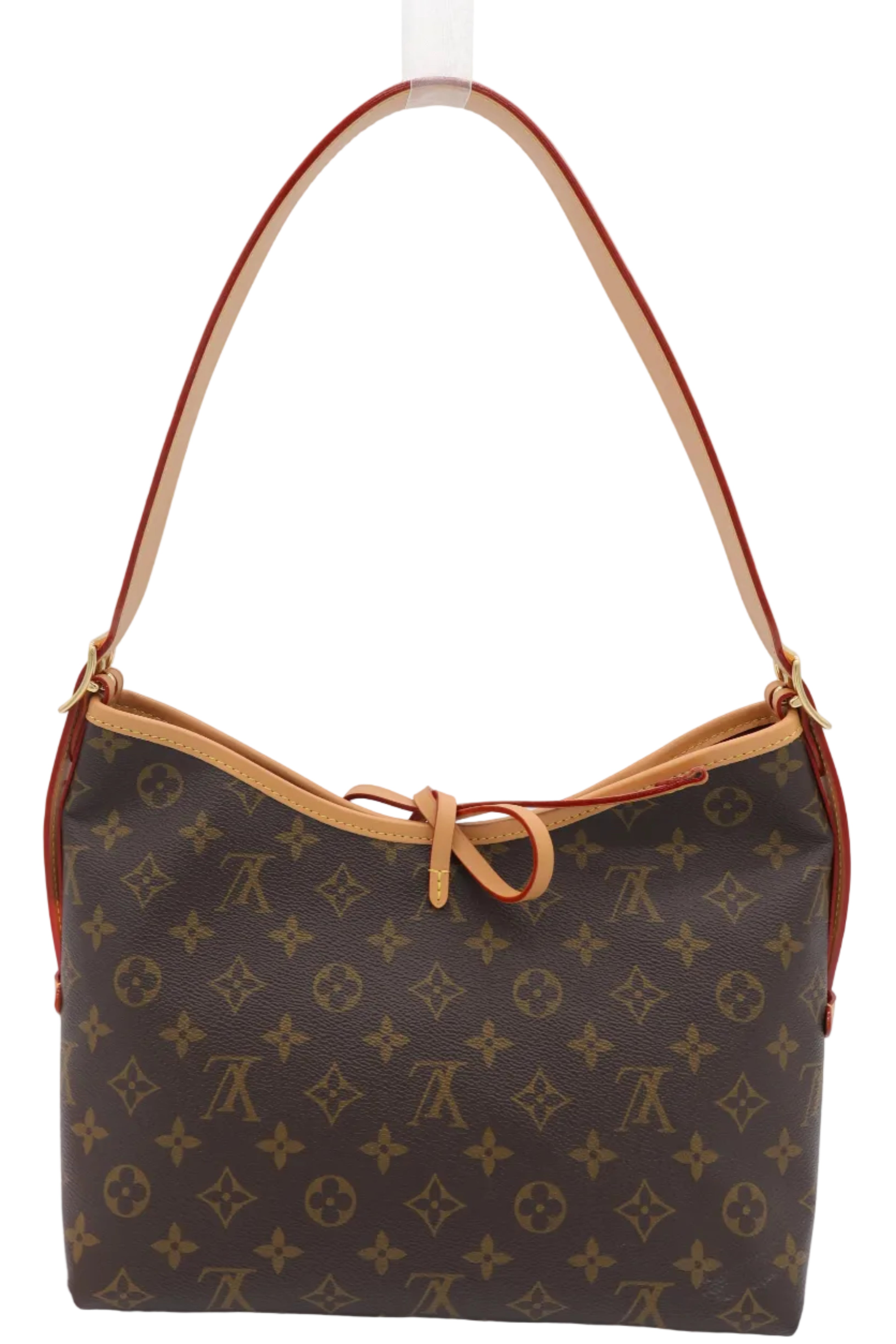 Louis Vuitton monogram canvas shoulder bag with tan leather trim and strap, shown against a plain light background.