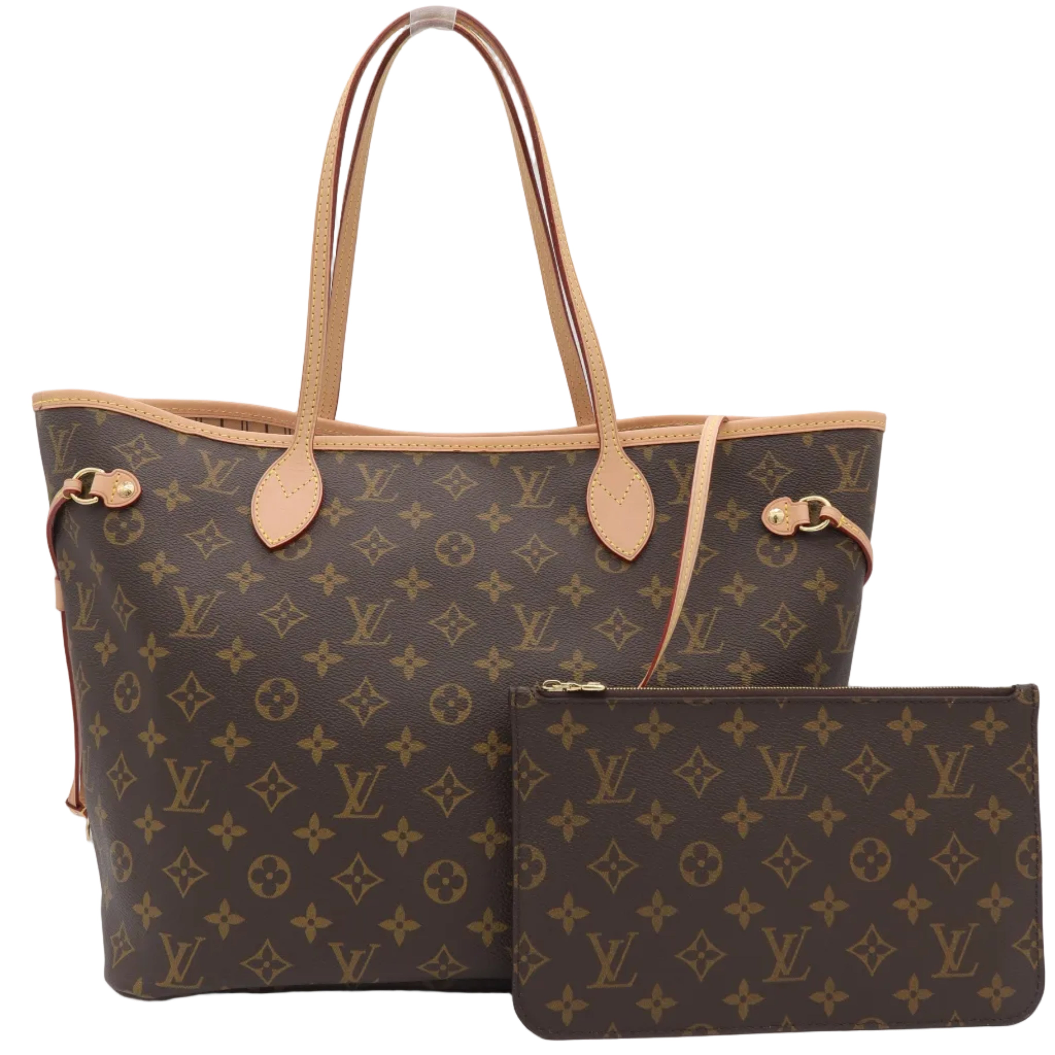 Louis Vuitton monogram tote bag in brown coated canvas with tan leather handles, shown with a matching zip pouch on a light gray studio background.