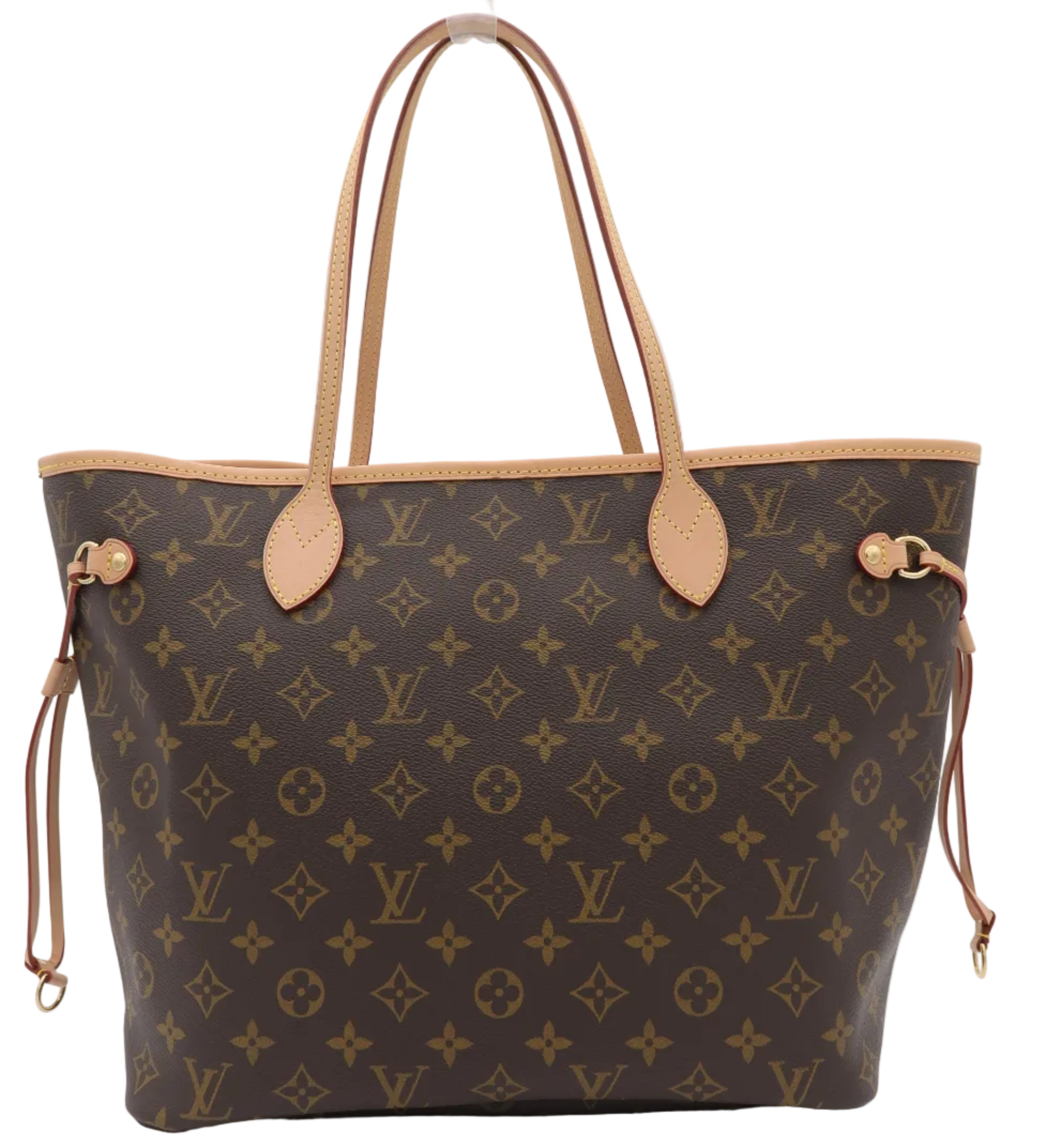 Louis Vuitton monogram canvas tote bag with tan leather handles and trim, shown against a plain white background.