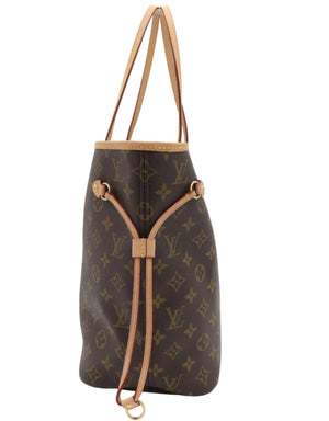 A Louis Vuitton Neverfull tote bag in brown monogram canvas with tan leather trim and handles, shown against a plain white background.