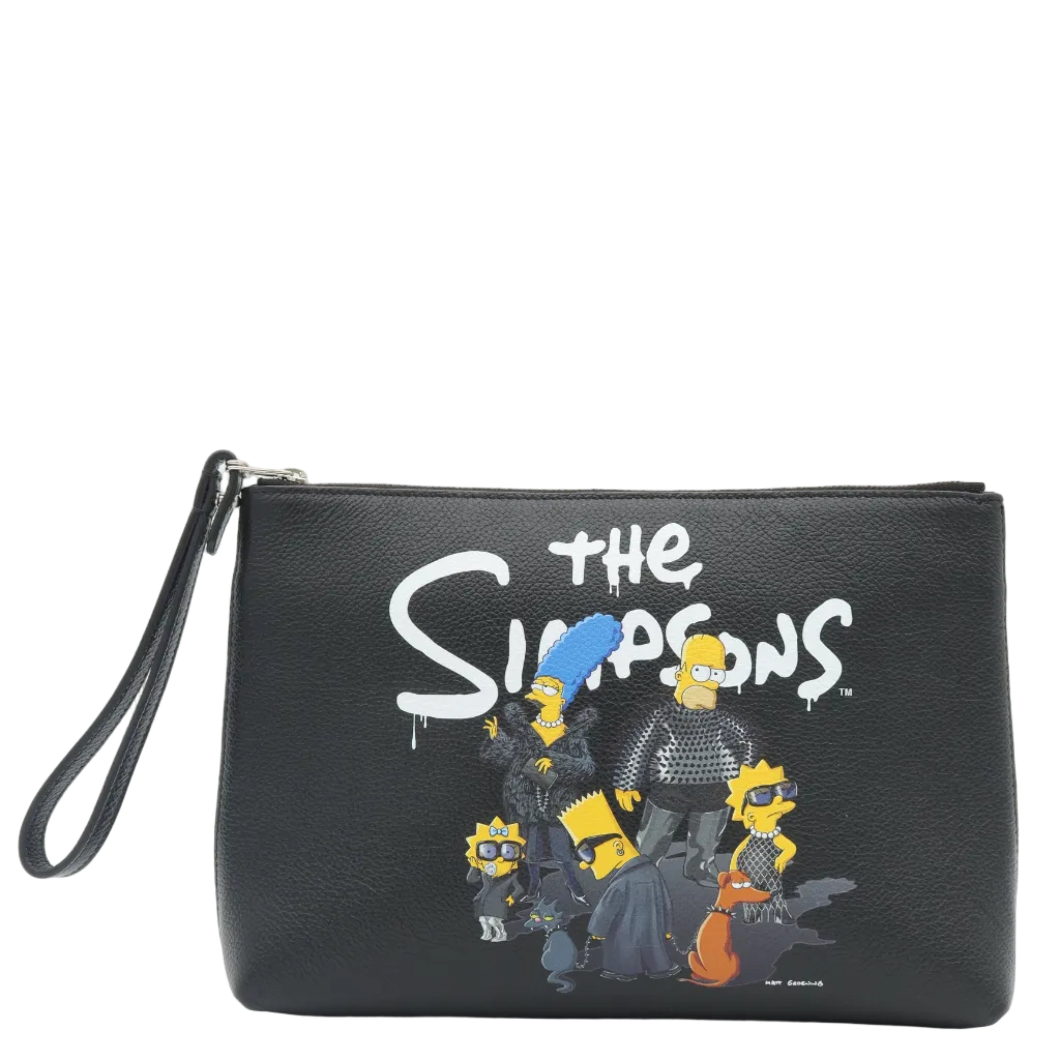 A black faux-leather zippered clutch with a wrist strap, featuring a 'The Simpsons' character graphic and logo on the front, set against a plain white background.
