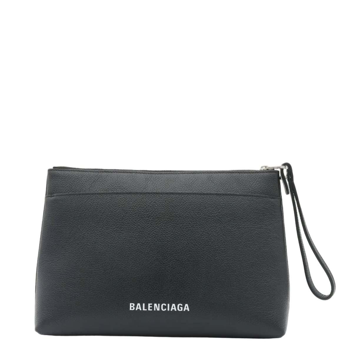 A black textured leather zip pouch clutch with a wrist strap, featuring the white 'BALENCIAGA' logo on the front, set against a plain white background.