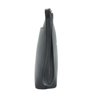 A black pebbled leather clutch bag shown from a side profile view against a plain white background.