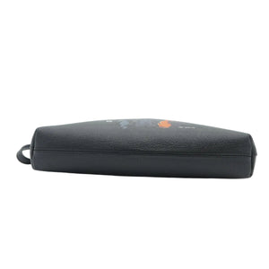 A black pebbled leather pouch with a small colorful graphic print, shown from a side profile view on a white background.