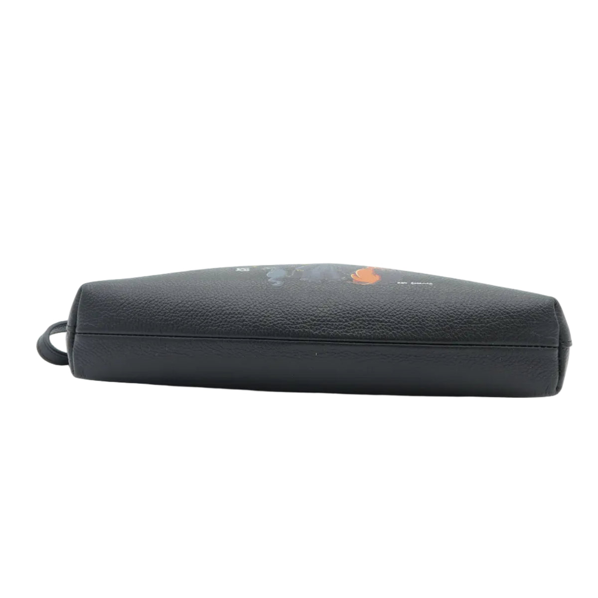 A black pebbled leather pouch with a small colorful graphic print, shown from a side profile view on a white background.