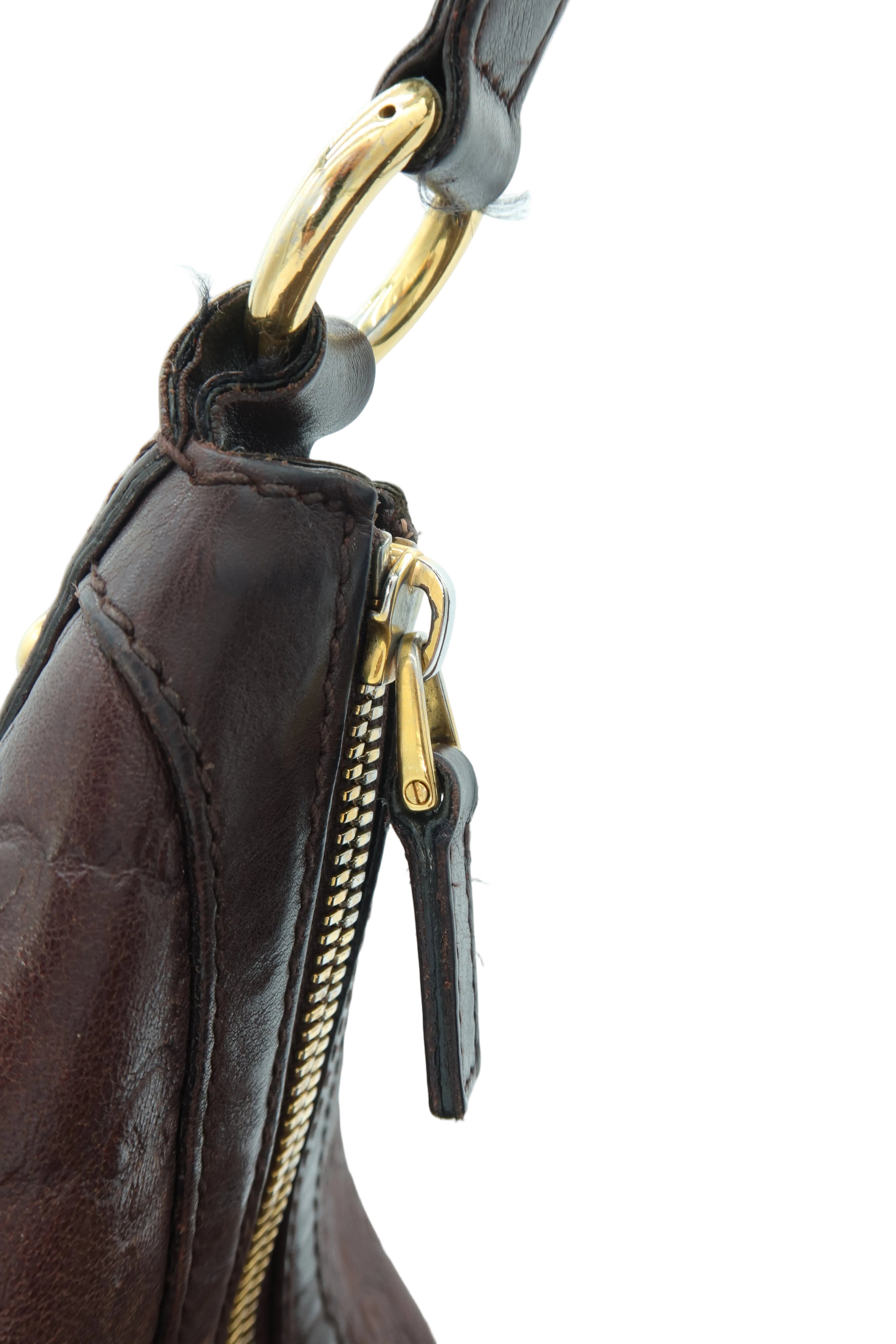 Close-up detail of a dark brown leather handbag showing a gold-tone metal ring, zipper pull, and gold zipper track against a plain white background.