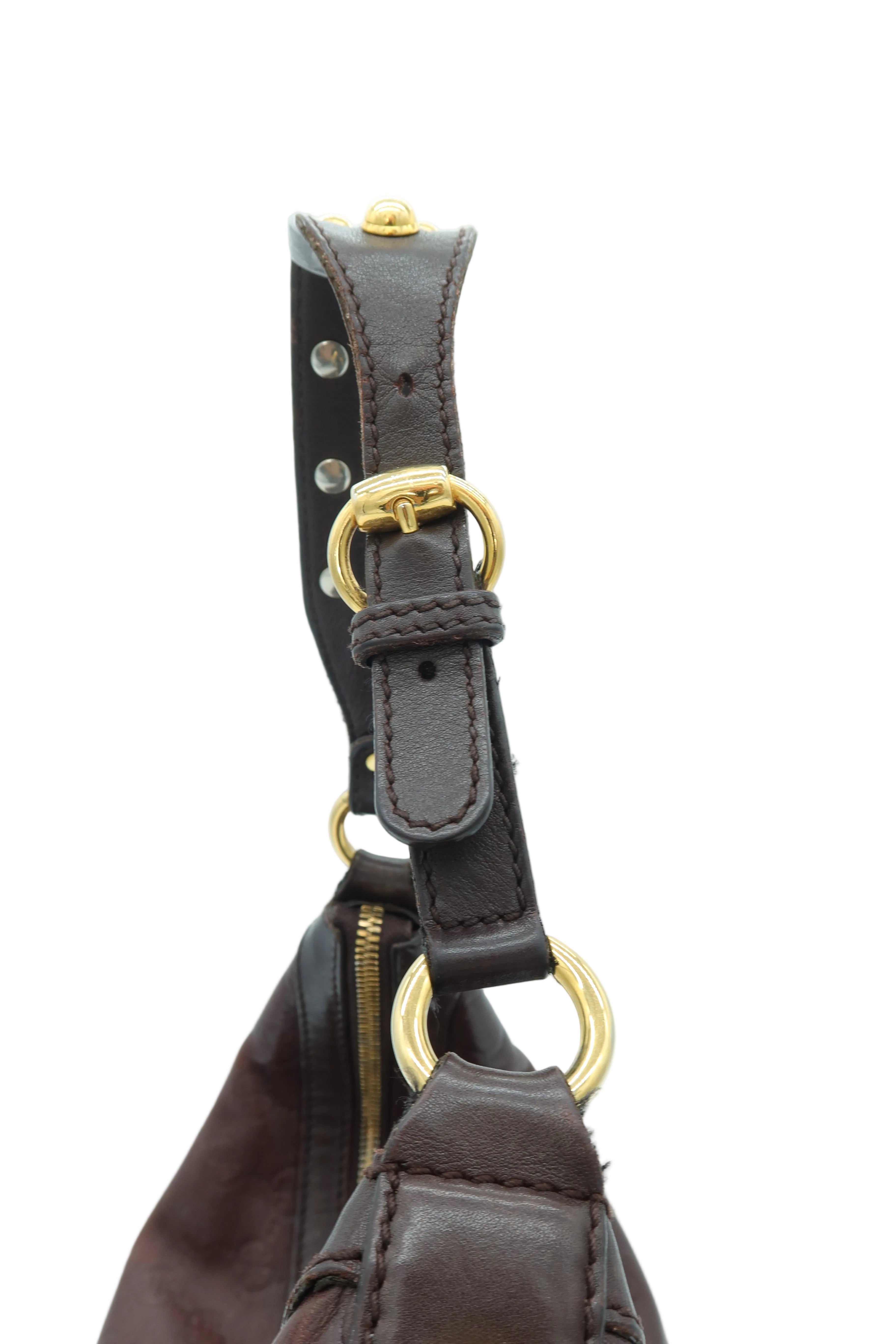 Close-up detail of a dark brown leather handbag strap with gold-tone hardware, including a buckle, studs, and a large ring attachment, set against a light blue background.