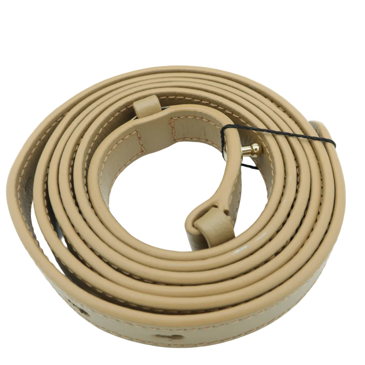 A coiled tan leather shoulder strap with gold-tone metal hardware, photographed on a clean white background.
