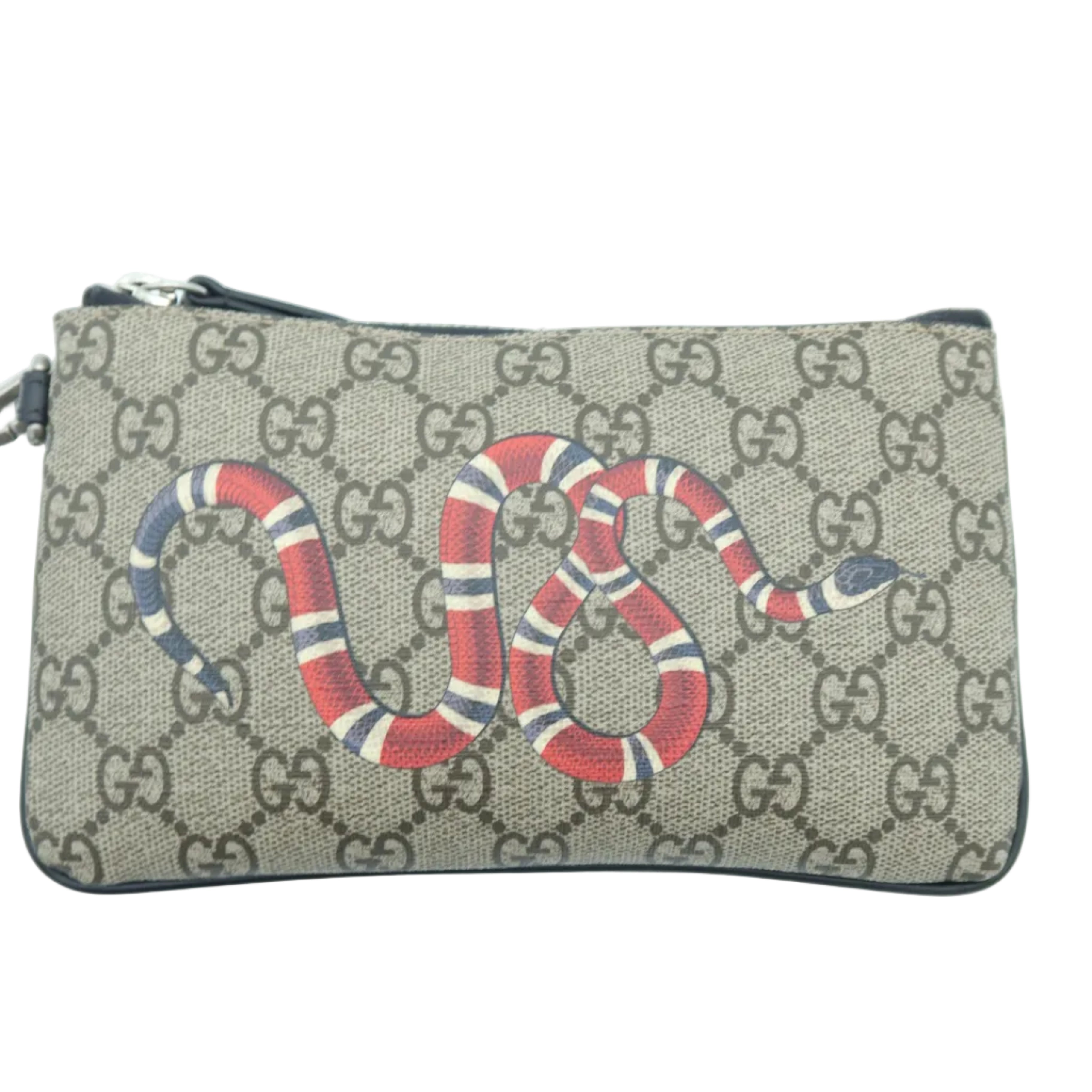 A Gucci pouch in beige GG Supreme canvas featuring a large red, black, and white snake graphic on the front, with a black zipper and strap.