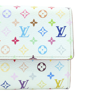 A close-up of a white leather wallet featuring a colorful multicolor monogram pattern with the Louis Vuitton LV logo and floral motifs.