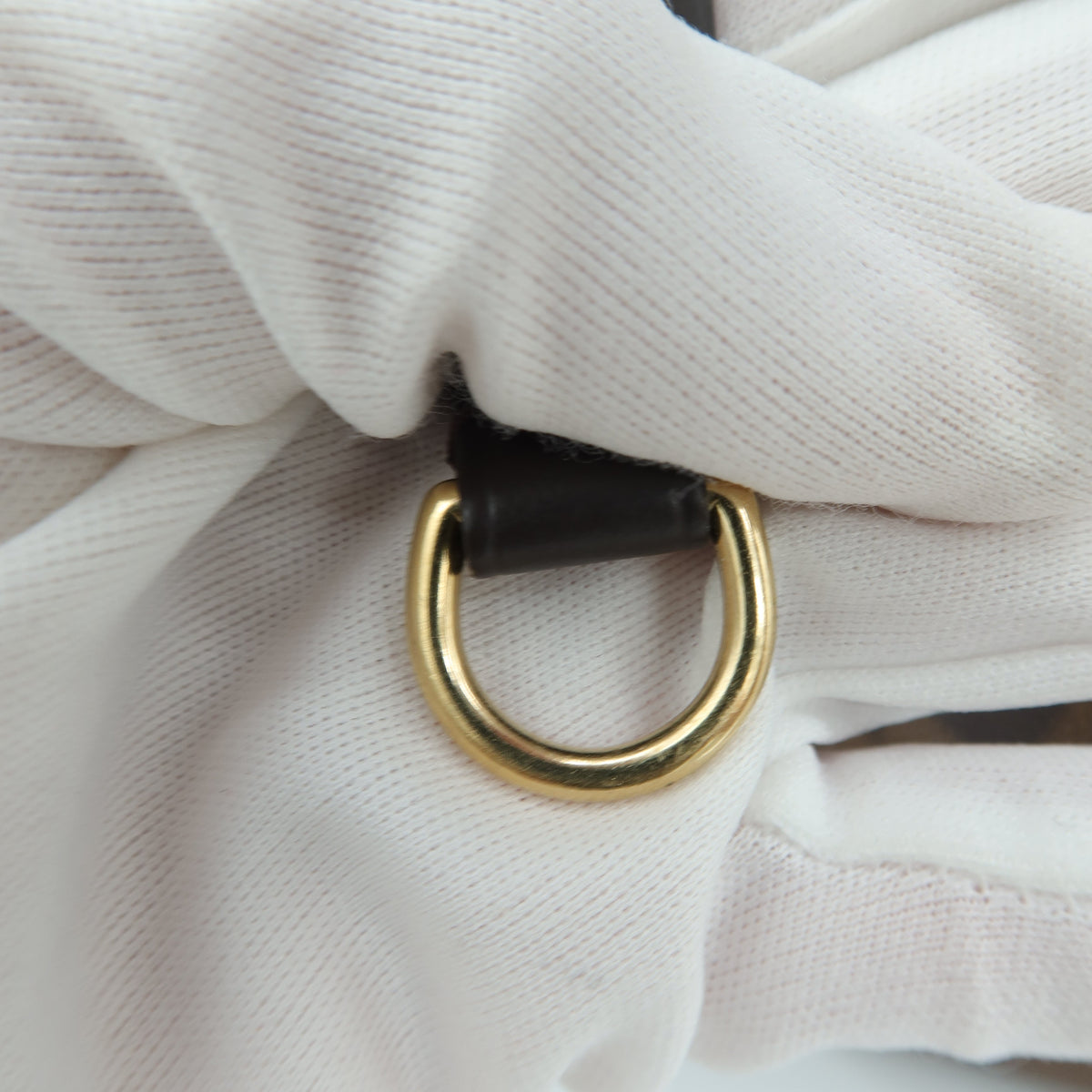 Close-up of a white textured fabric strap or belt with a gold-tone metal D-ring and a dark brown leather section.