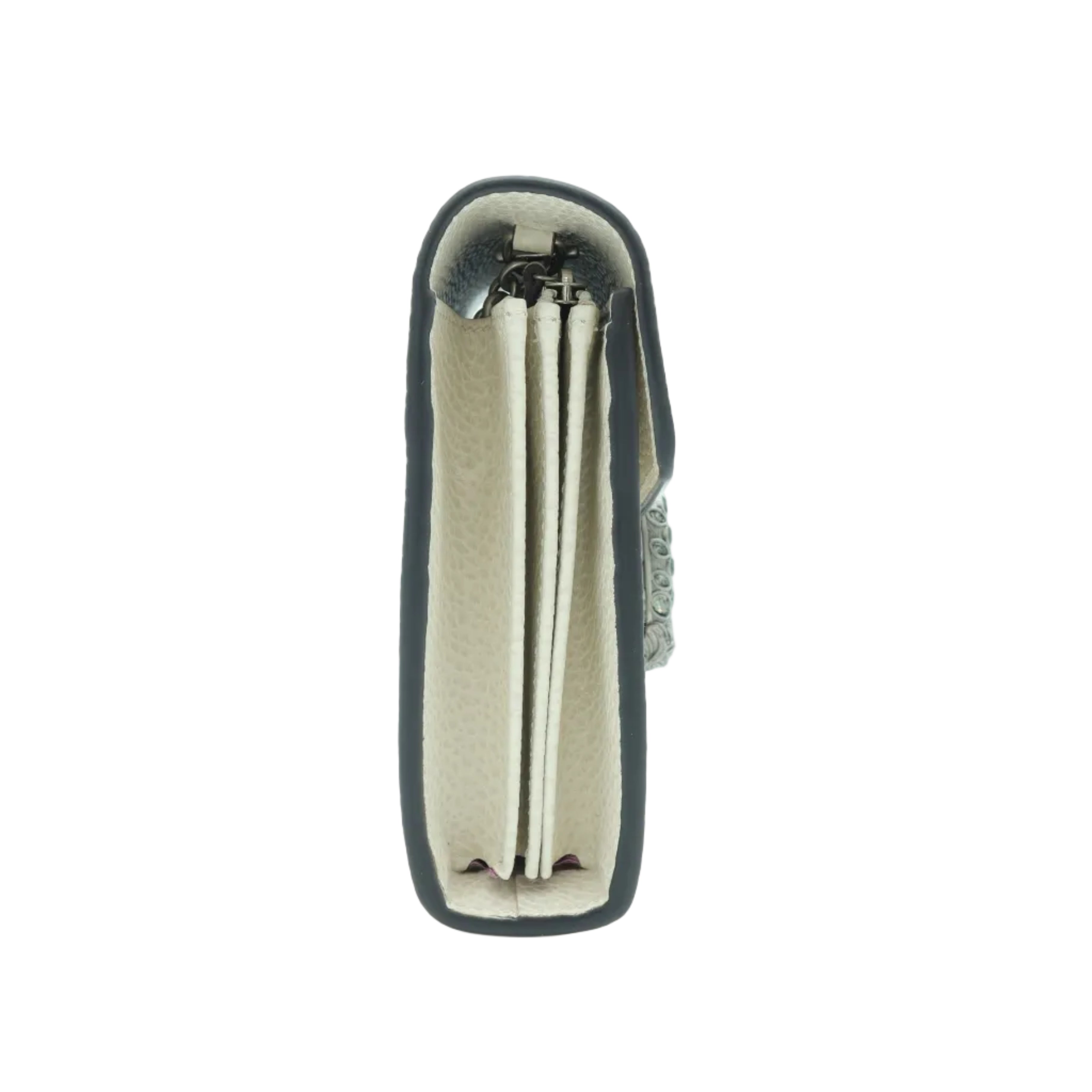 A slim black and beige clutch or wallet shown from the side, featuring a textured beige interior, vertical card slots, and a small silver rhinestone accent on a plain white background.