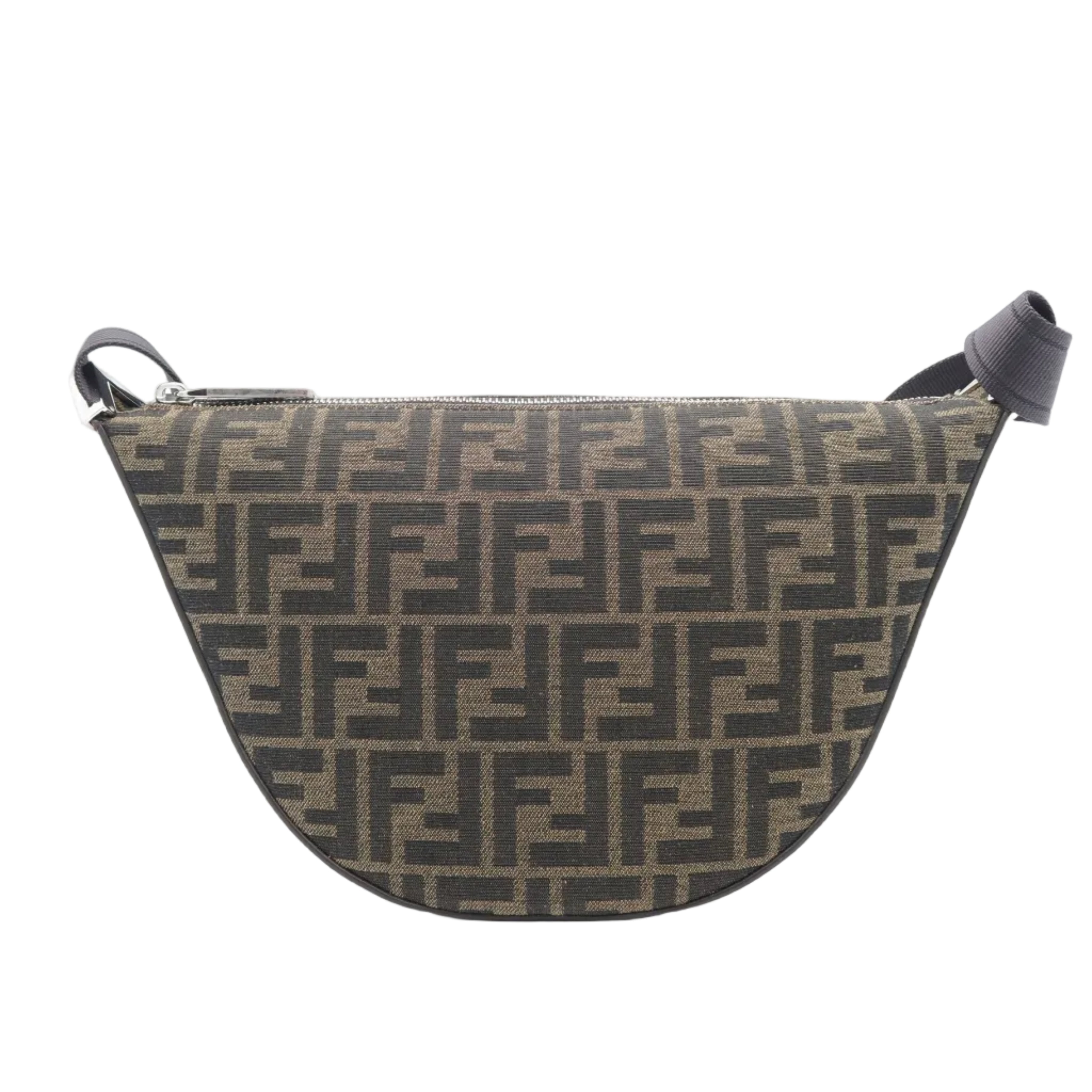A Fendi monogram canvas half-moon shoulder bag in brown and beige, featuring the signature FF logo pattern and dark brown leather trim, shown against a plain white background.