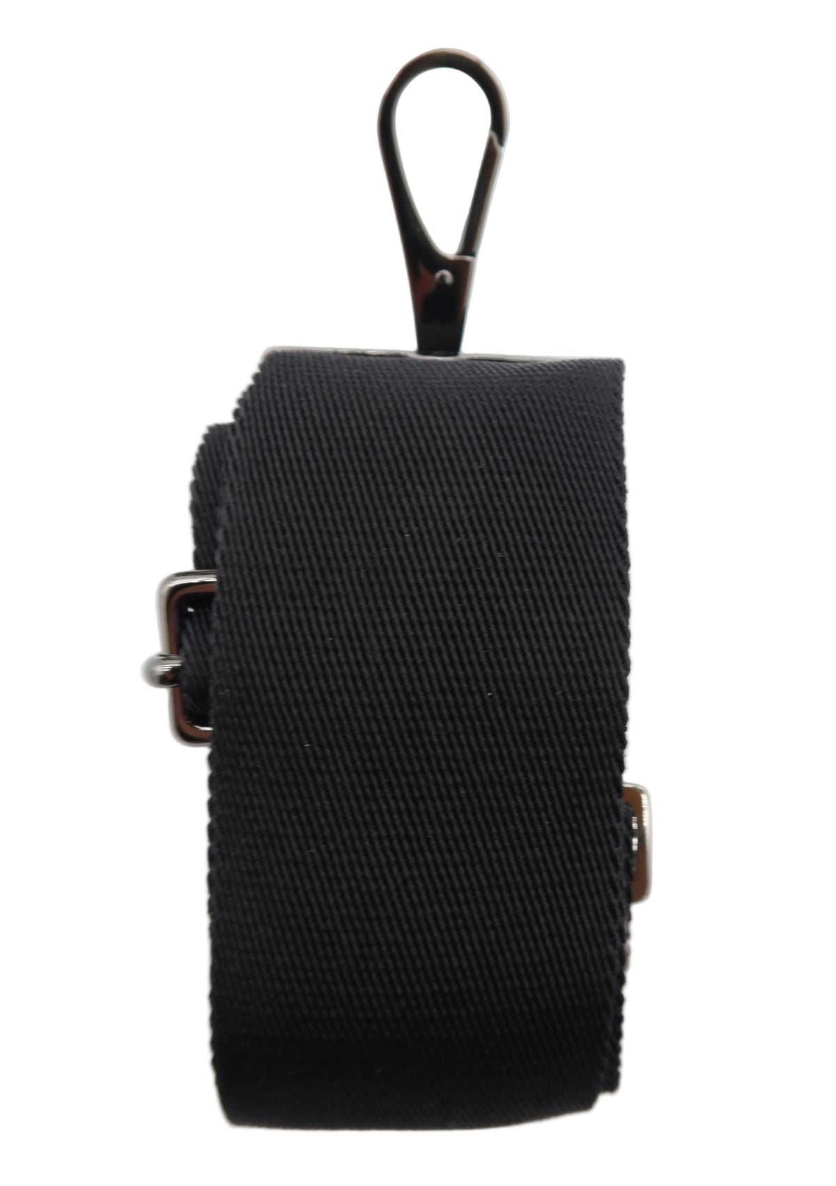 A black woven strap with a black metal carabiner clip at the top and a silver-toned buckle, shown on a plain white background.