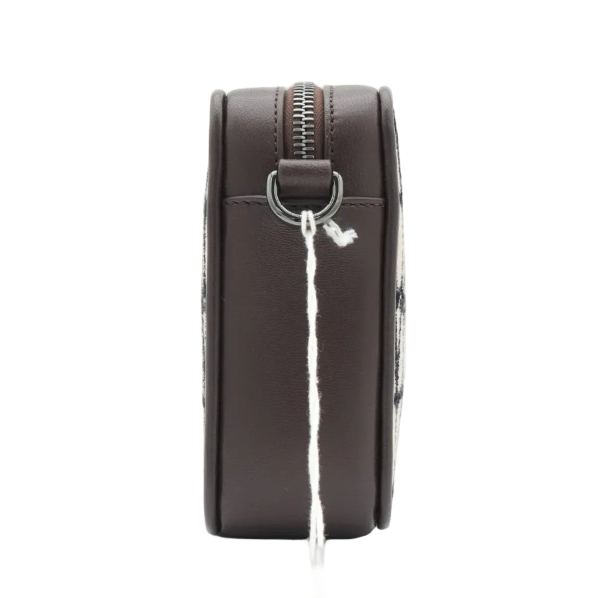 A dark brown leather Valentino crossbody bag shown from the back, featuring a white hangtag with the red Valentino logo and brand name, set against a plain white background.