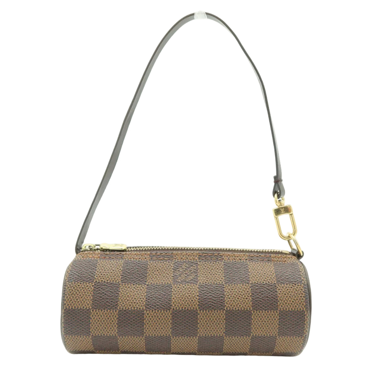 A Louis Vuitton cylindrical shoulder bag in the Damier Ebene checkered canvas, featuring a brown and tan checkerboard pattern, a dark brown leather strap, and gold-tone hardware.