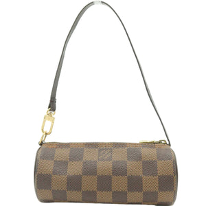 A Louis Vuitton cylindrical shoulder bag in the Damier Azur canvas, featuring a brown and beige checkerboard pattern, a dark brown leather strap, and gold-tone hardware, shown against a plain white background.