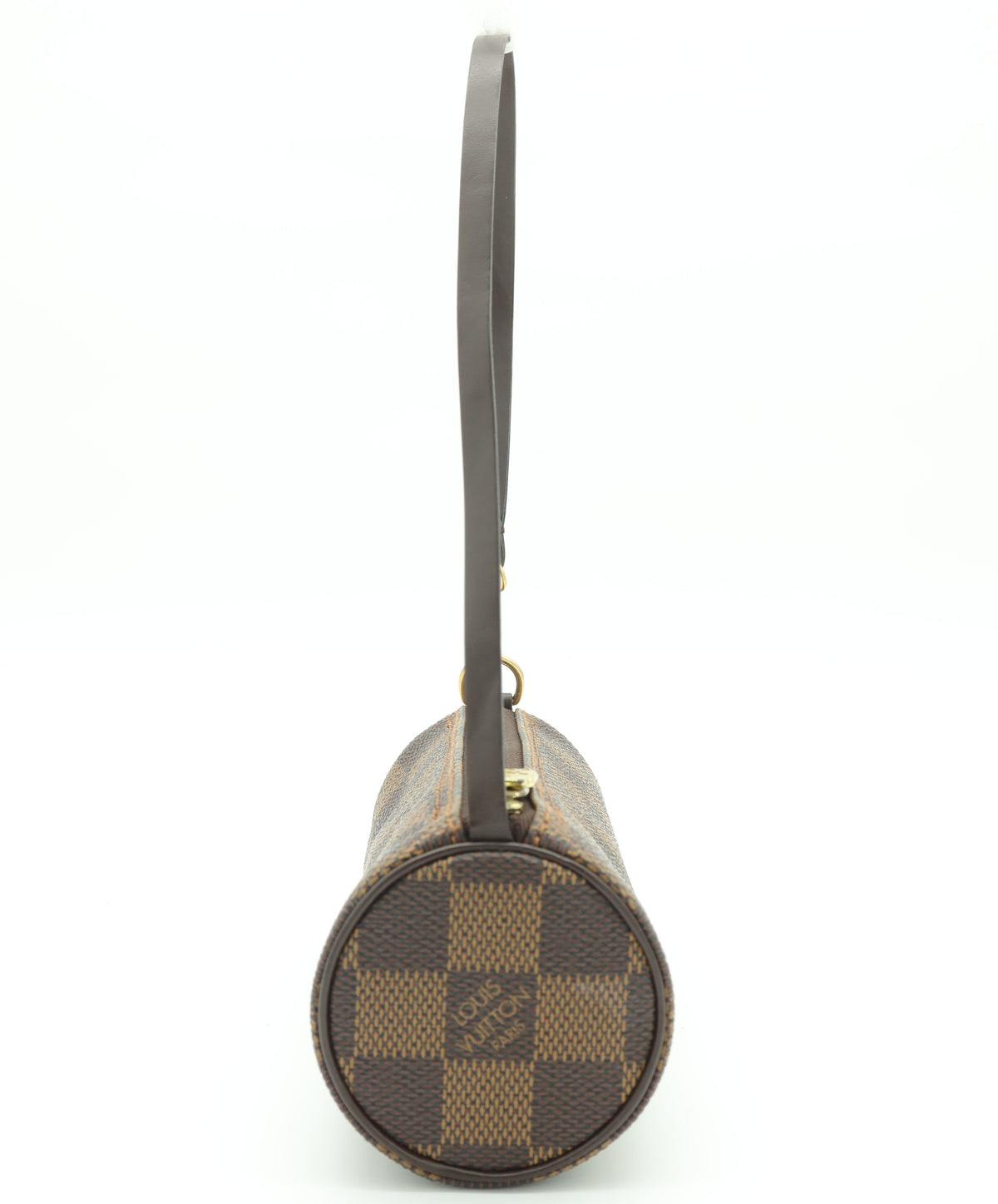 A Louis Vuitton cylindrical shoulder bag in the Damier Ebene canvas, featuring a brown and beige checkered pattern with a dark brown leather strap and gold-tone hardware, shown against a plain white background.