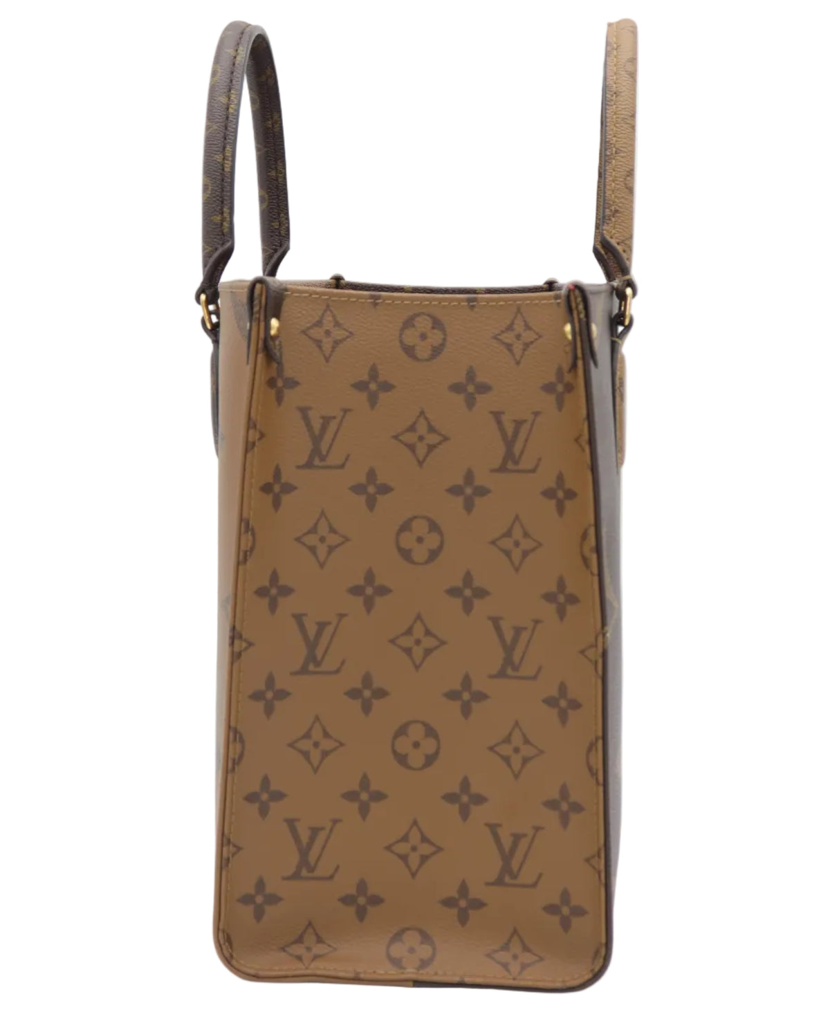 A Louis Vuitton monogram canvas shoulder bag in brown, featuring the classic LV monogram pattern and dark brown leather handles, shown against a plain white background.